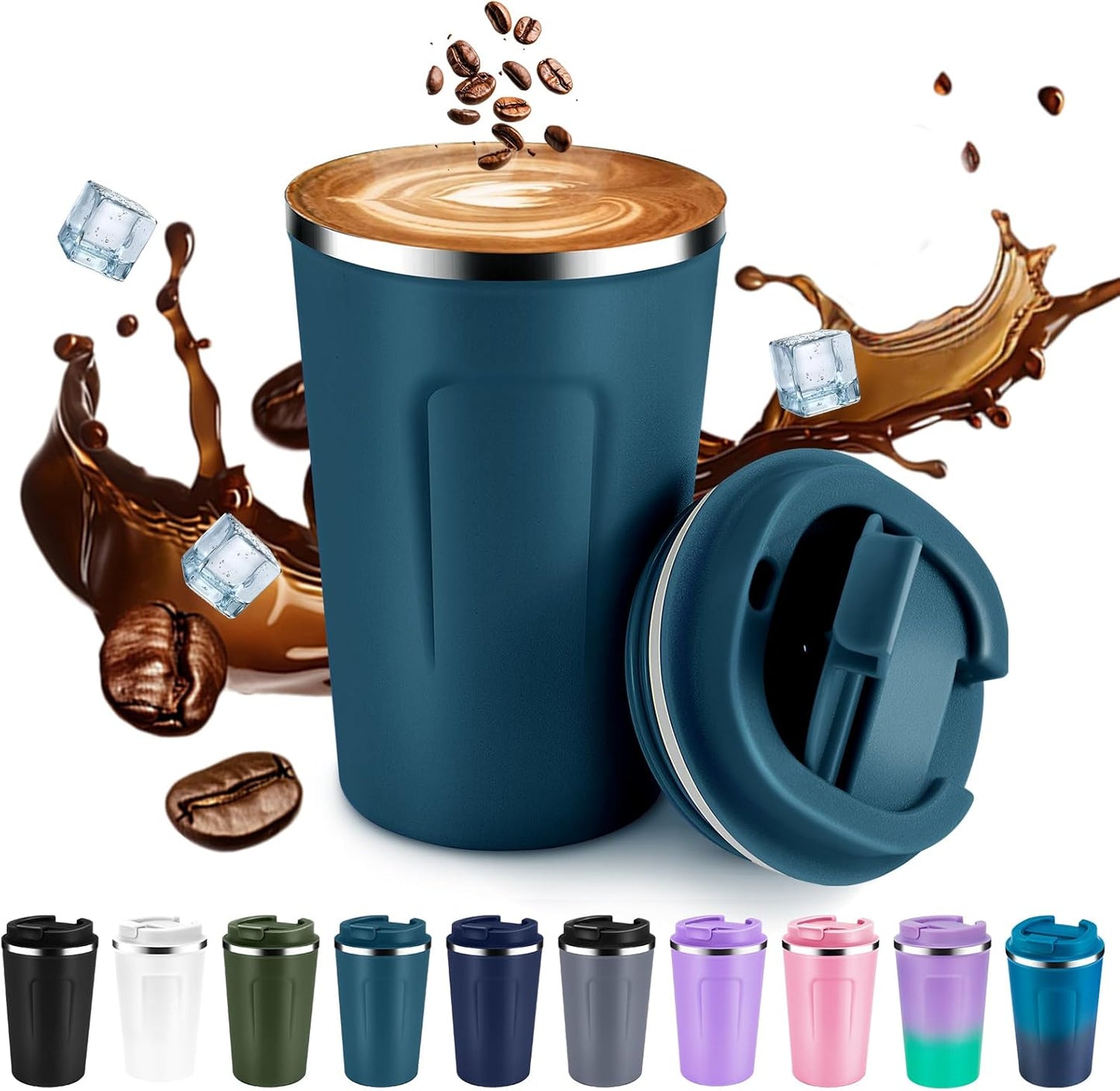 Volhoply 12 oz Double Wall Insulated Vacuum Travel Coffee Mug with Flip Lid,Reusable Stainless Steel Leak Proof Coffee Cup,Portable Iced Cafe Thermal Tumbler Suitable for Hot & Cold Drinks(Bule,1 Set)