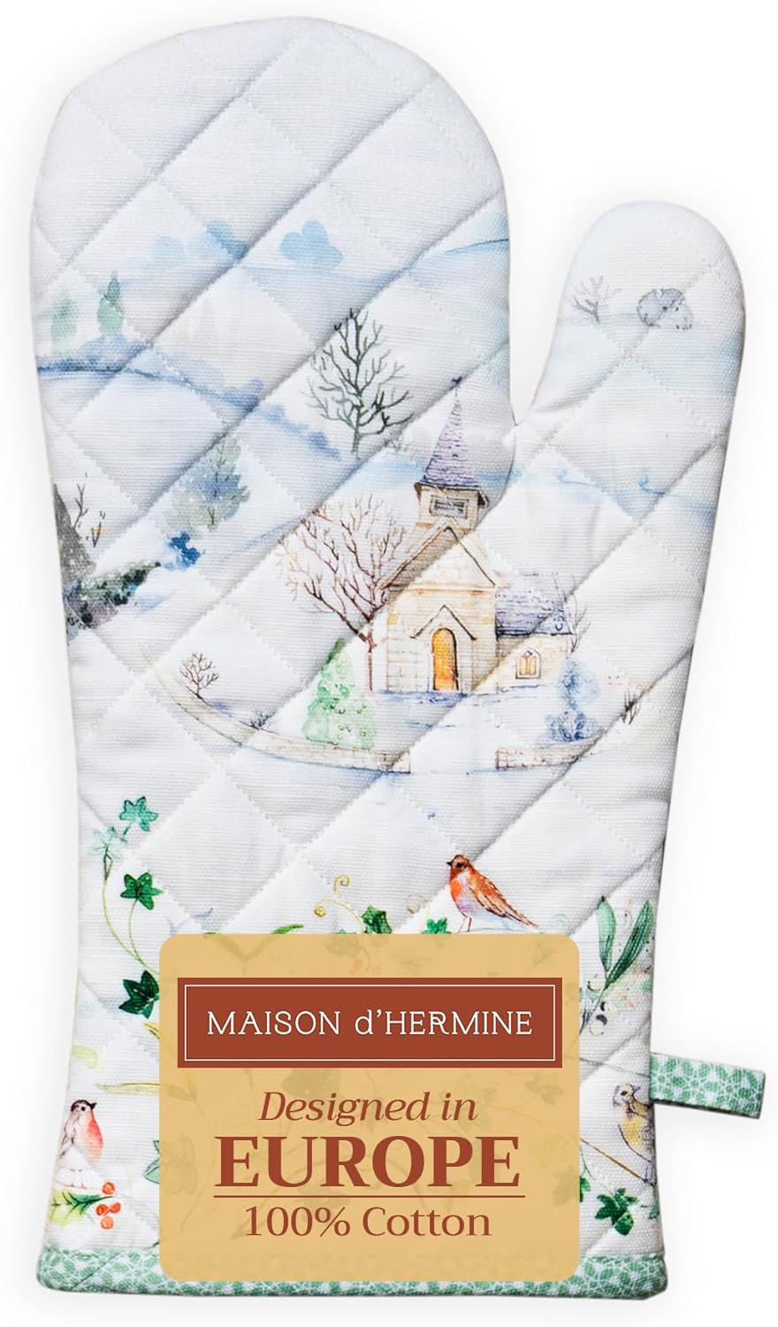 Maison d' Hermine Oven Gloves 100% Cotton Oven Mitt 7" x 13" with Loop Heat Resistant, BBQ, Cooking Gloves, Baking, Grilling, Kitchen, Handling Hot Pans (Pack of 1, Snowy World)
