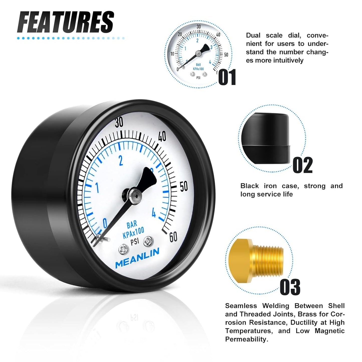 MEANLIN MEASURE 0-60Psi 2" DIAL FACE 1/8" NPT Well Pump Pressure Gauge, with 1/4" NPT and 3/8" NPT Hex Bushing, 3-2-3% Accuracy, Center Back Mount