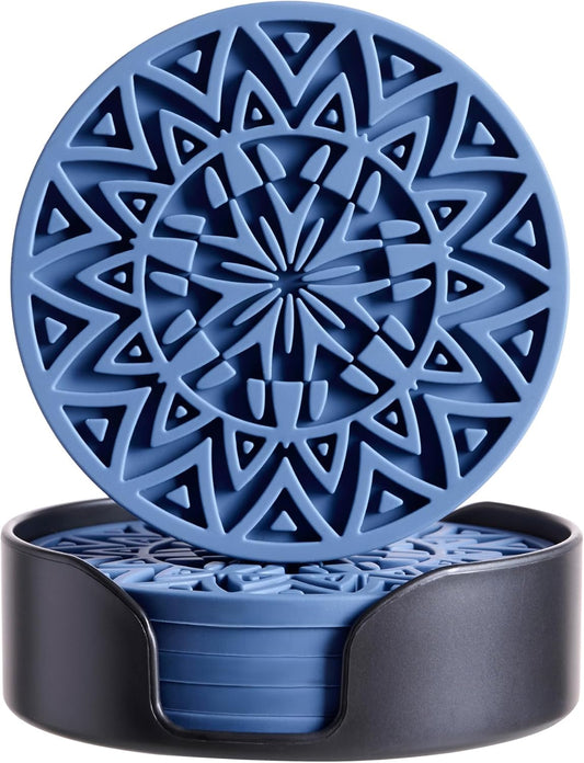 Set of 6 Navy Silicone Coasters with Holder, Drink Coasters with Tribal Pattern Shape- for Table Protection, Anti Slip, Nonstick, Heat Resistant, Deep Tray
