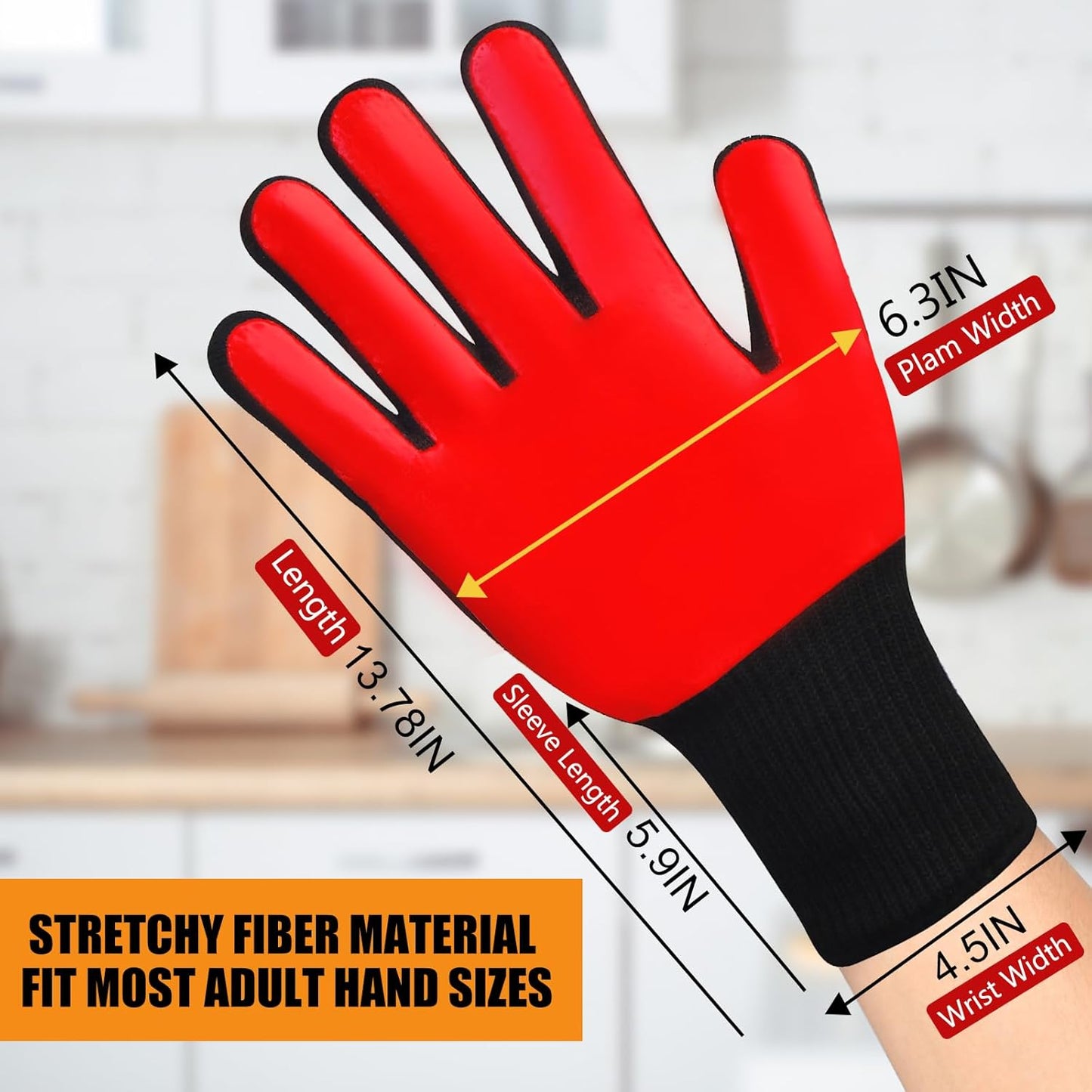 BBQ Gloves, Oven Gloves, 1472°F Extreme Heat Resistant Barbecue Gloves, Silicone Non-Slip Oven Mitts, Kitchen Gloves for Cooking, Grilling, and Baking (Red)