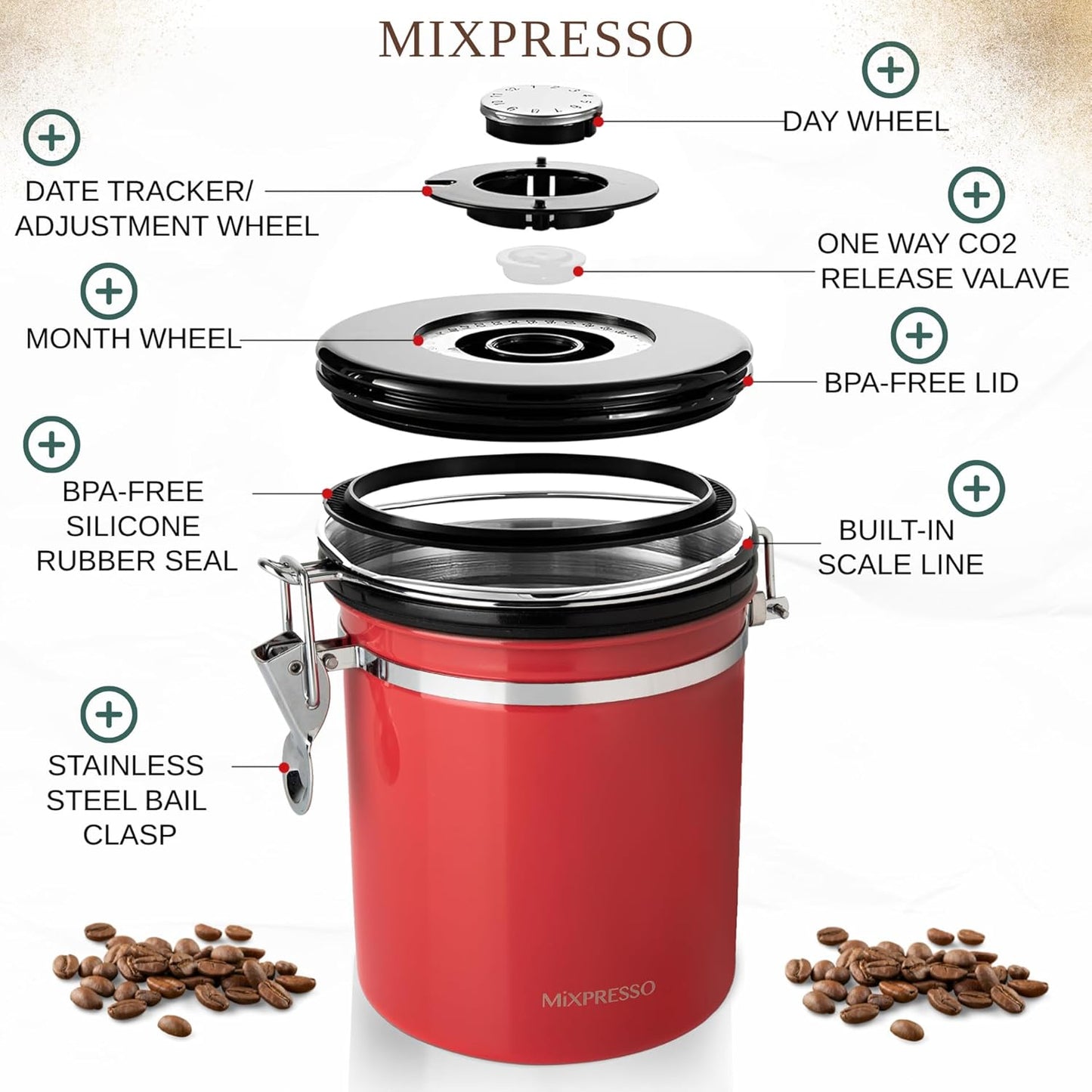 Mixpresso 16 Oz Red Coffee Canister, Stainless Steel Airtight Coffee Container, Air tight Jar Tea Storage with Date Tracker, Vacuum Sealed Espresso Airtight Canister, Sugar Container for Home