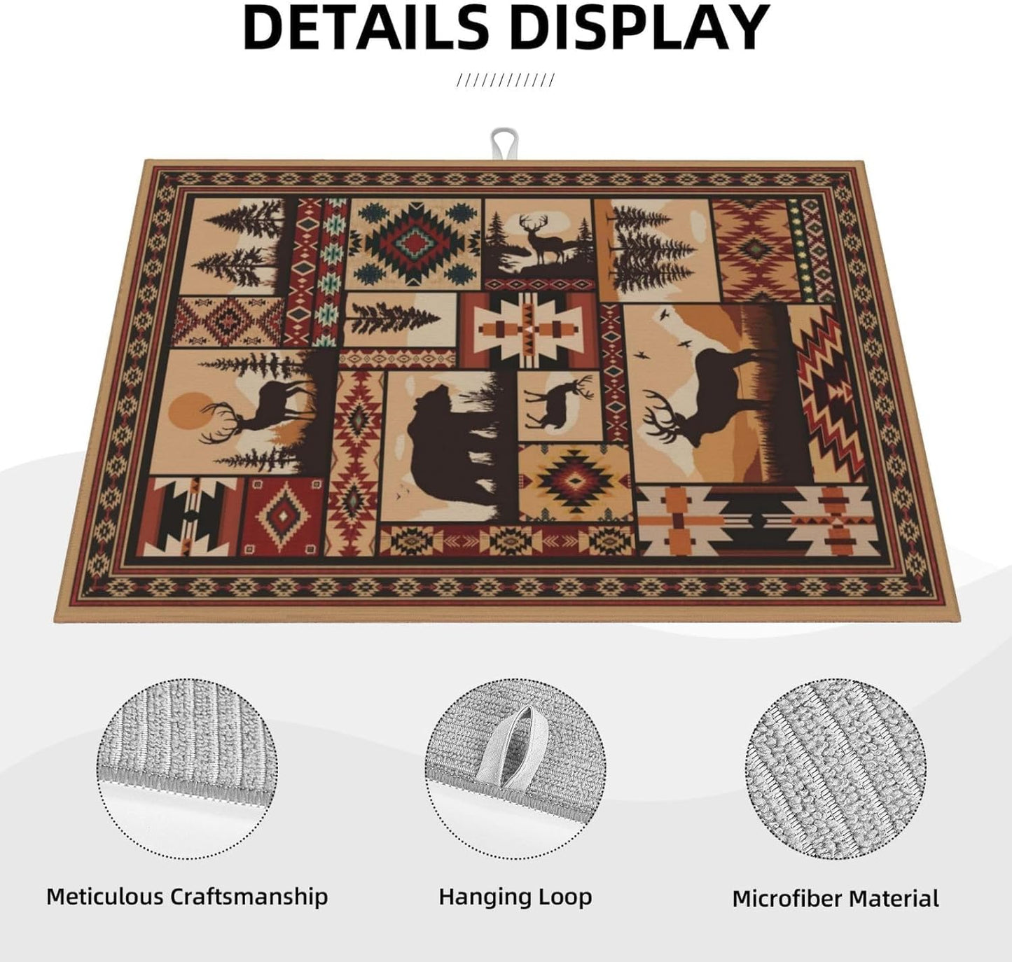 Western Wildlife Geometric Dish Drying Mat for Kitchen Counter, Absorbent Microfiber Washable Drying Pad for Dishes, Absorption, Foldable, Decorative Rustic Kitchen Mat for Sink, Home Decor, 18" x 24"