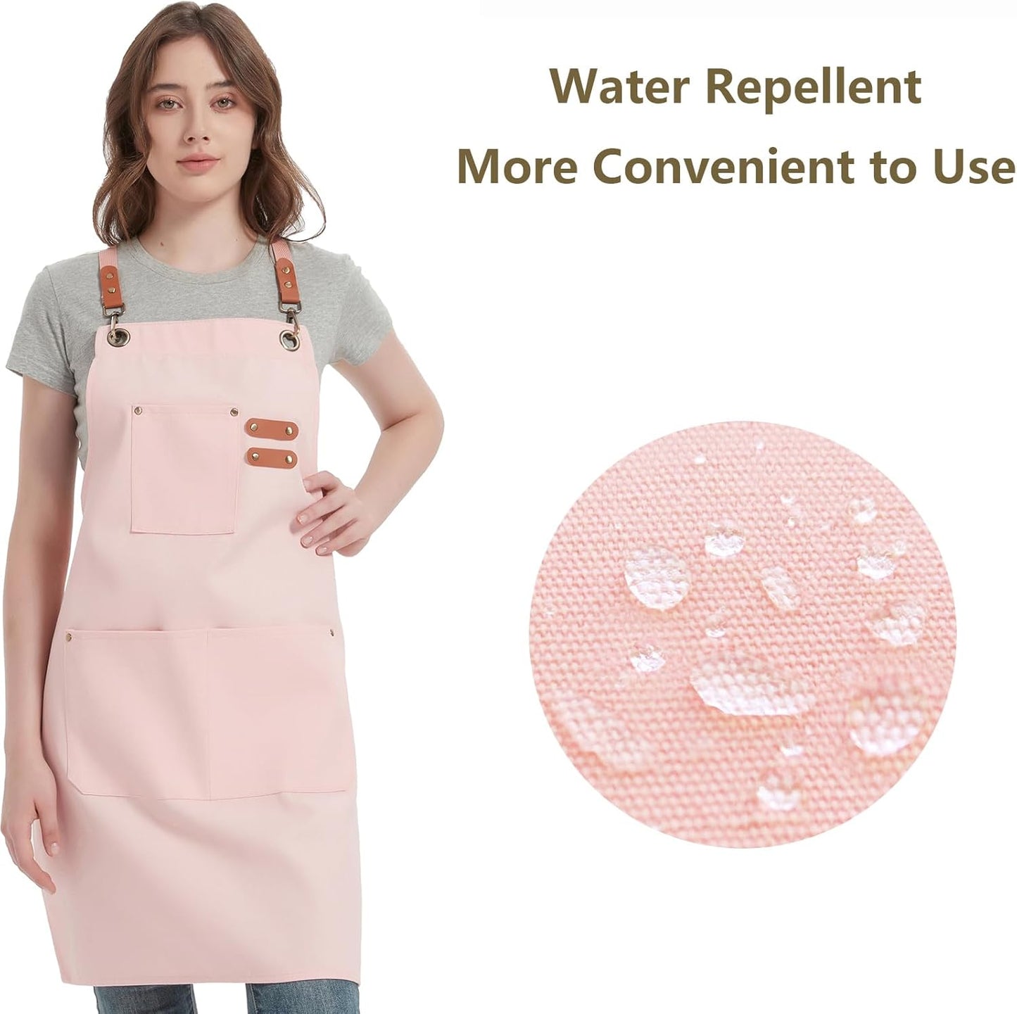 AFUN Chef Aprons for Women Men with Large Pockets, Cotton Canvas Cross Back Water Repellent Work Apron, Size M to XXL (LightPink)