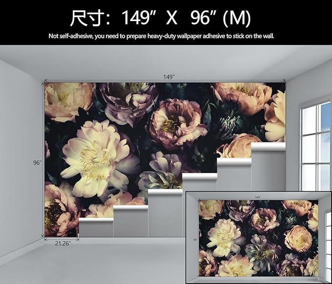 Dark Vintage Floral Wallpaper Large Peony Flowers Wall Mural Bedroom (Not Peel and Stick)