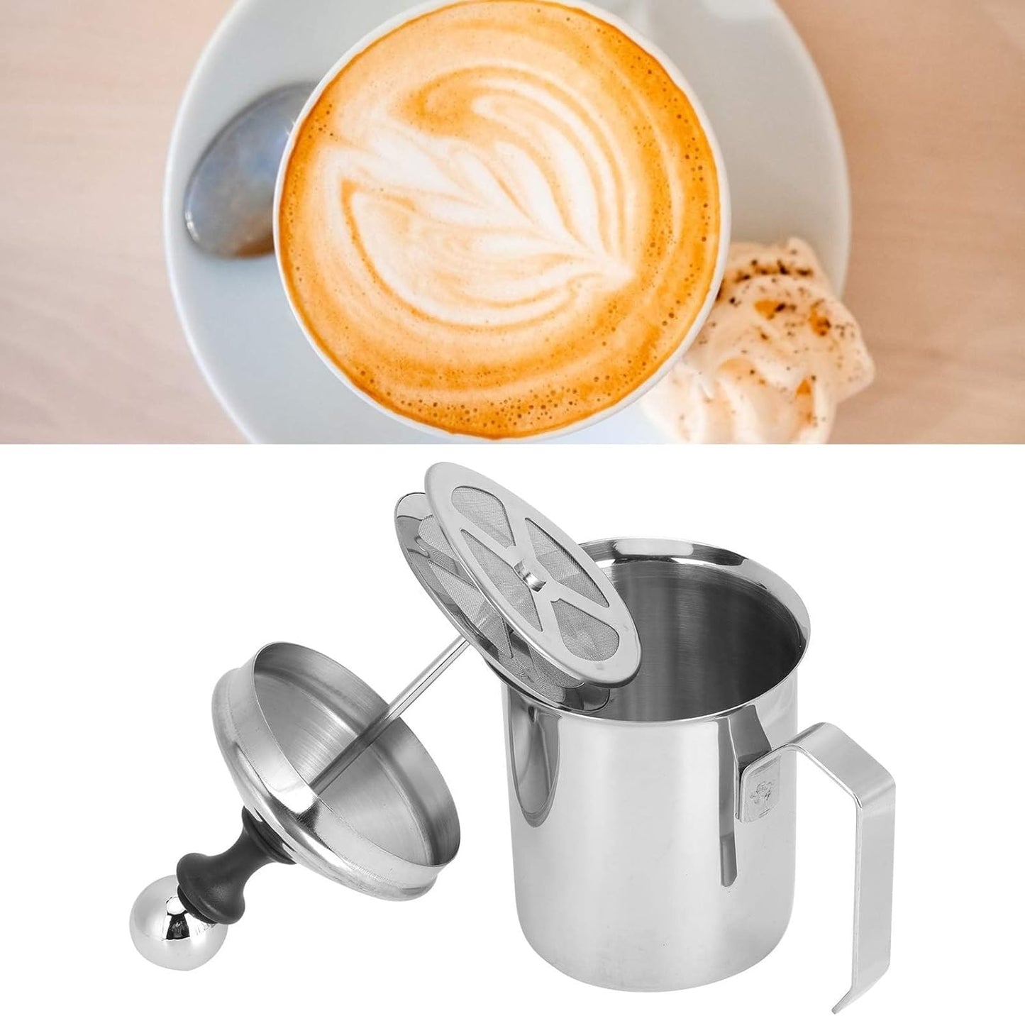 Manual Milk Frother 14oz/400ml Stainless Steel Frothing Pitcher With Handle for Latte Cappuccino Foam