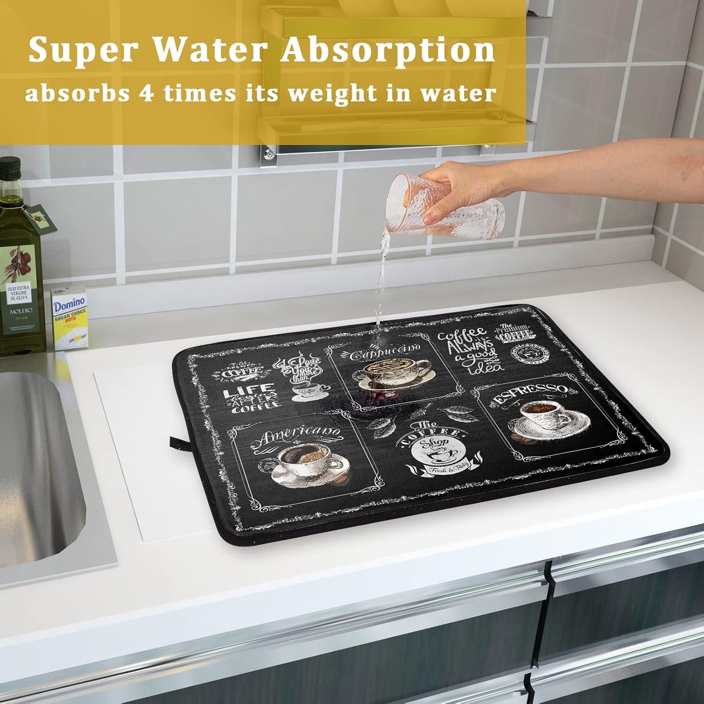 Coffee Bean Maker Dish Drying Mat for Countertops, 18x24 inch Absorbent Microfiber Espresso Cup Spill Mats Black Machine Drainer Mat Dish Drainer Rack Mat Protector Kitchen Accessories Bar Time Chef