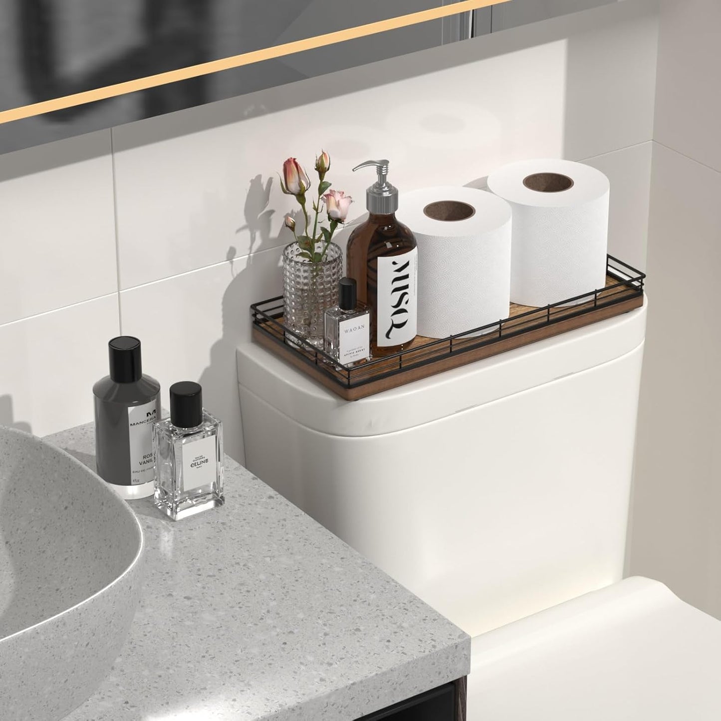 Acacia Bathroom Toilet Tank Tray, 13" Wood Toilet Paper Storage Basket Back of Toilet Basket Organizer, Vanity Tray for Perfume Makeup Candle Kitchen Counter Coffee Table Decor