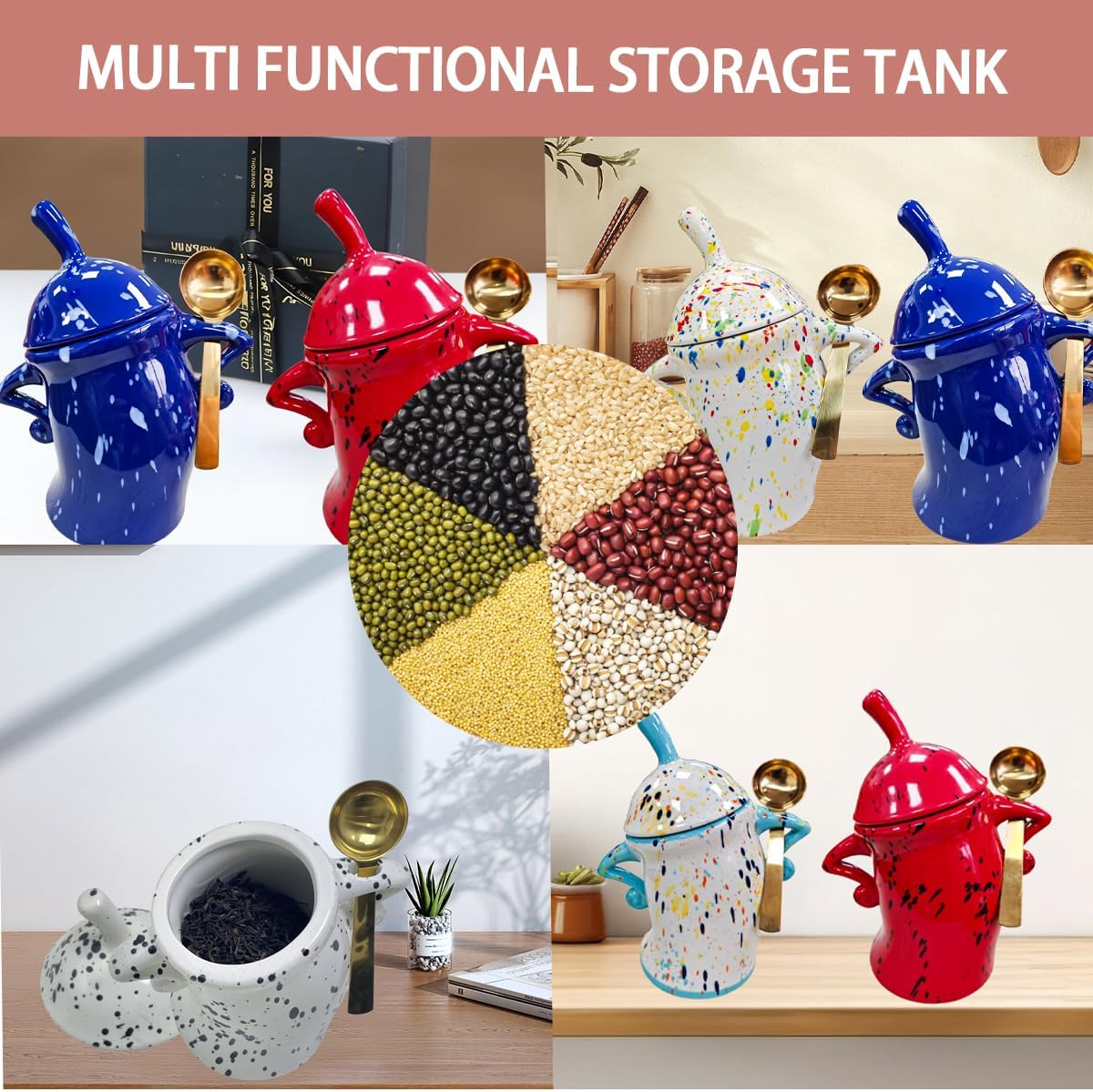 Canister With Attitude - 1.2L Ceramic Storage Jar with Lid, Airtight Kitchen Canisters Set for Coffee, Sugar & Tea | Farmhouse Flour Sugar Storage Container, Handmade with Spoon Rest (Gyan+White)