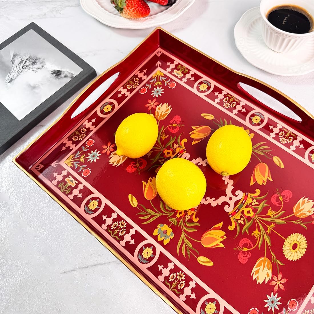 Boho Red Decorative Tray, Serving Tray with 4 Handles, Plastic Tray for Coffee Table, Ottoman - Ideal for Living Room & Bathroom. 15” x 11” x 1.9”