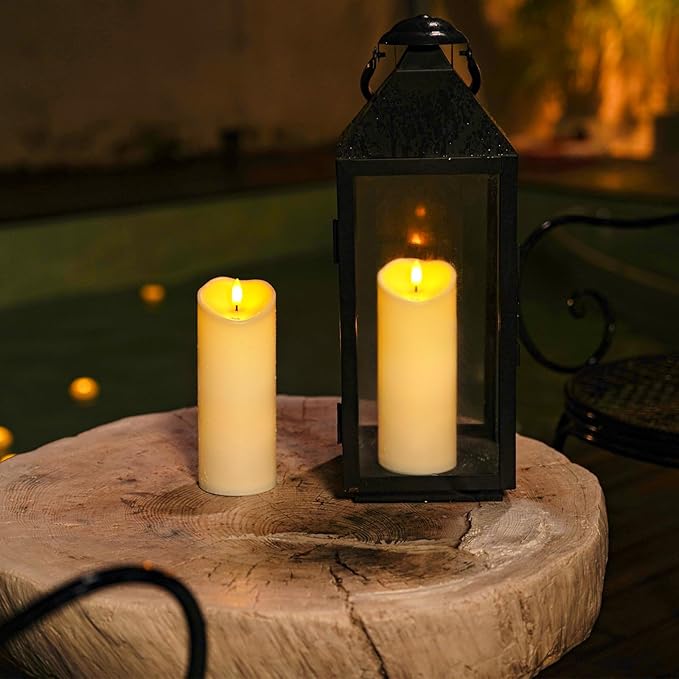 Homemory 3"x8" Outdoor Waterproof Flameless Candles, LED Candles, Battery Operated Candles with Remote and Timers, Electric Fake Plastic Pillar Candles, Dark Ivory, Set of 2