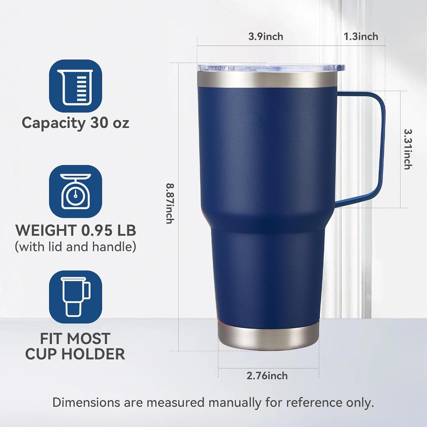 30 oz Tumbler with Handle and Lid, Stainless Steel Tumblers Double Wall Vacuum Insulated Travel Mug Leak Proof Cup Keep Drinks Cold and Hot Navy, 1 Pack