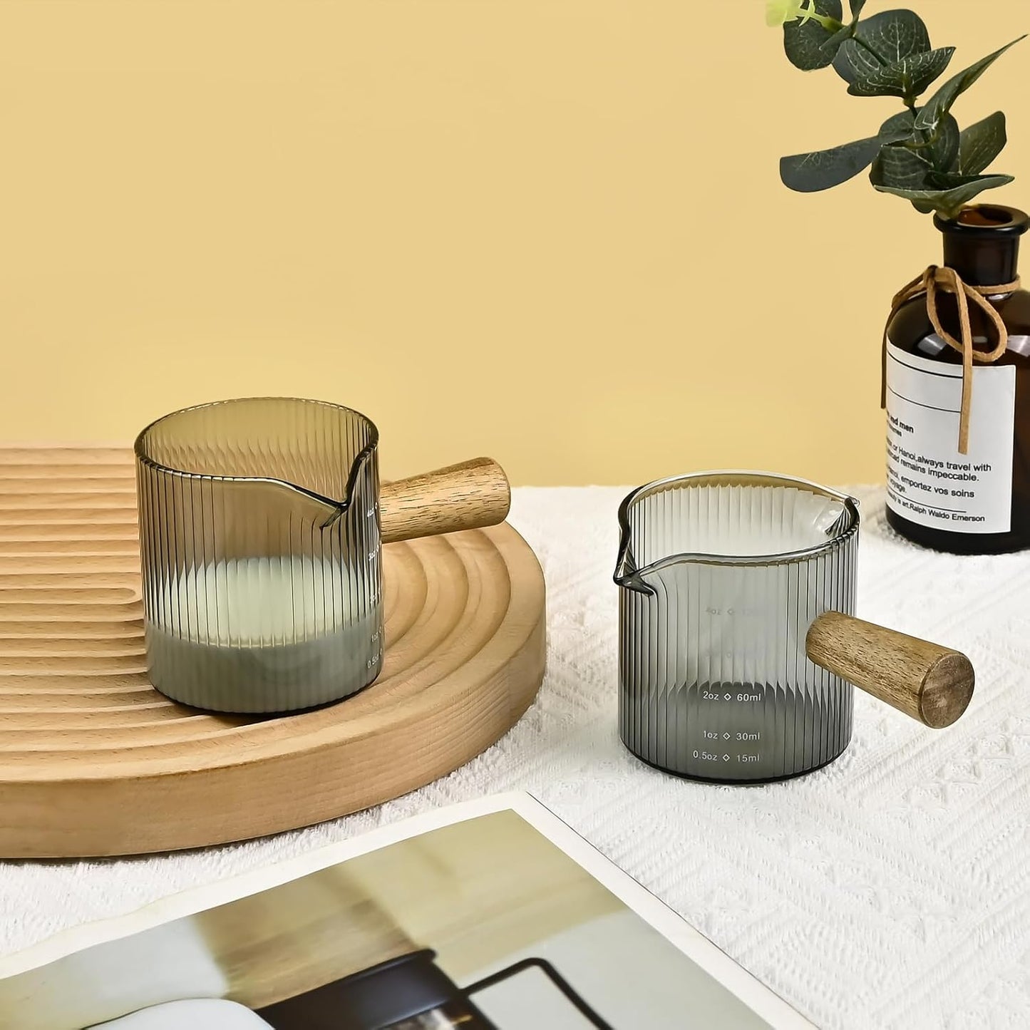 Glass Measuring Cup, 4oz Espresso Shot Glass with Wood Handle, Single Spout Measuring Triple Pitcher Milk Cup for Coffee Tea (Gray Ribbed）