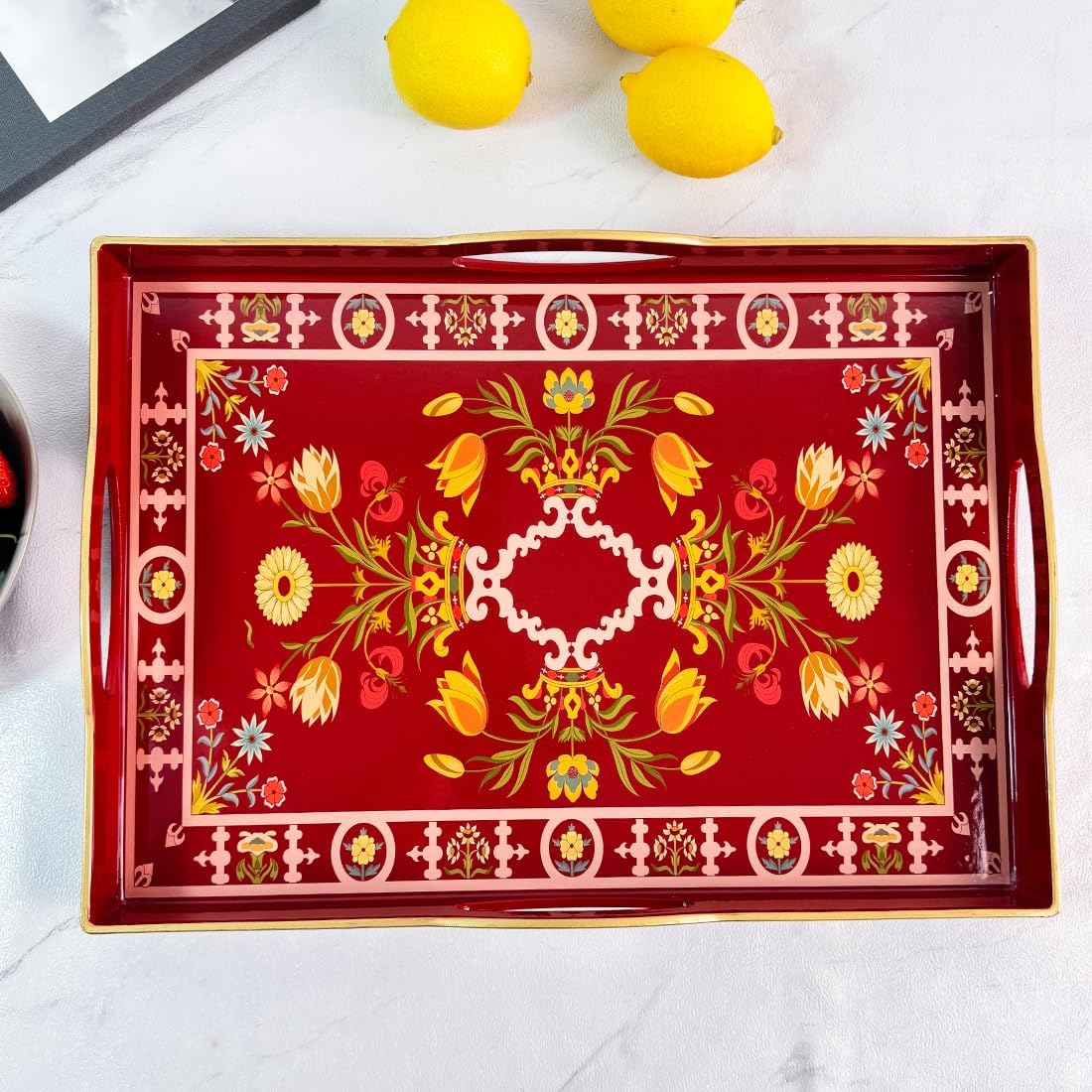 Boho Red Decorative Tray, Serving Tray with 4 Handles, Plastic Tray for Coffee Table, Ottoman - Ideal for Living Room & Bathroom. 15” x 11” x 1.9”