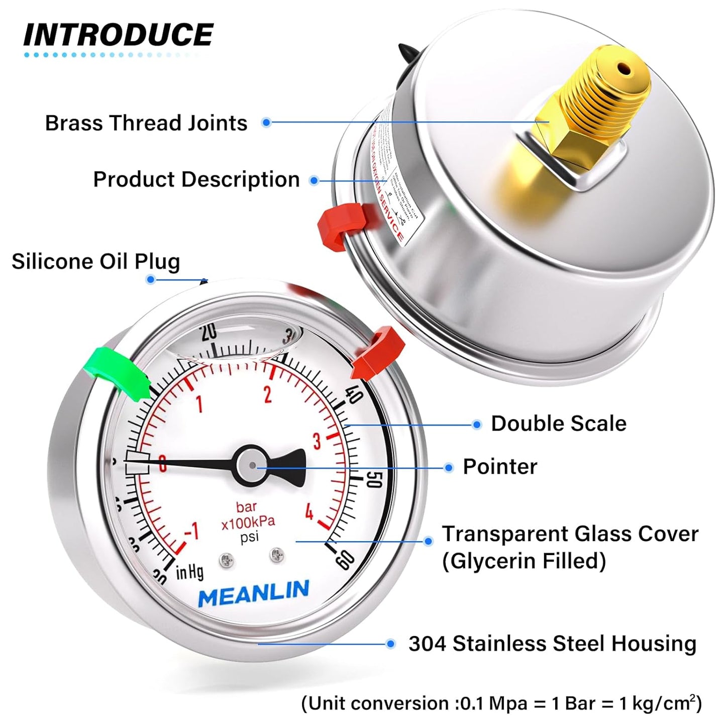 MEANLIN MEASURE -30inHG~60Psi Vacuum Pressure Gauge 1/8" NPT 2.5" FACE DIAL, Stainless Steel Liquid Filled Pressure Gauge WOG Water Oil Air Center Back Mount (with 2PCS Snaps)
