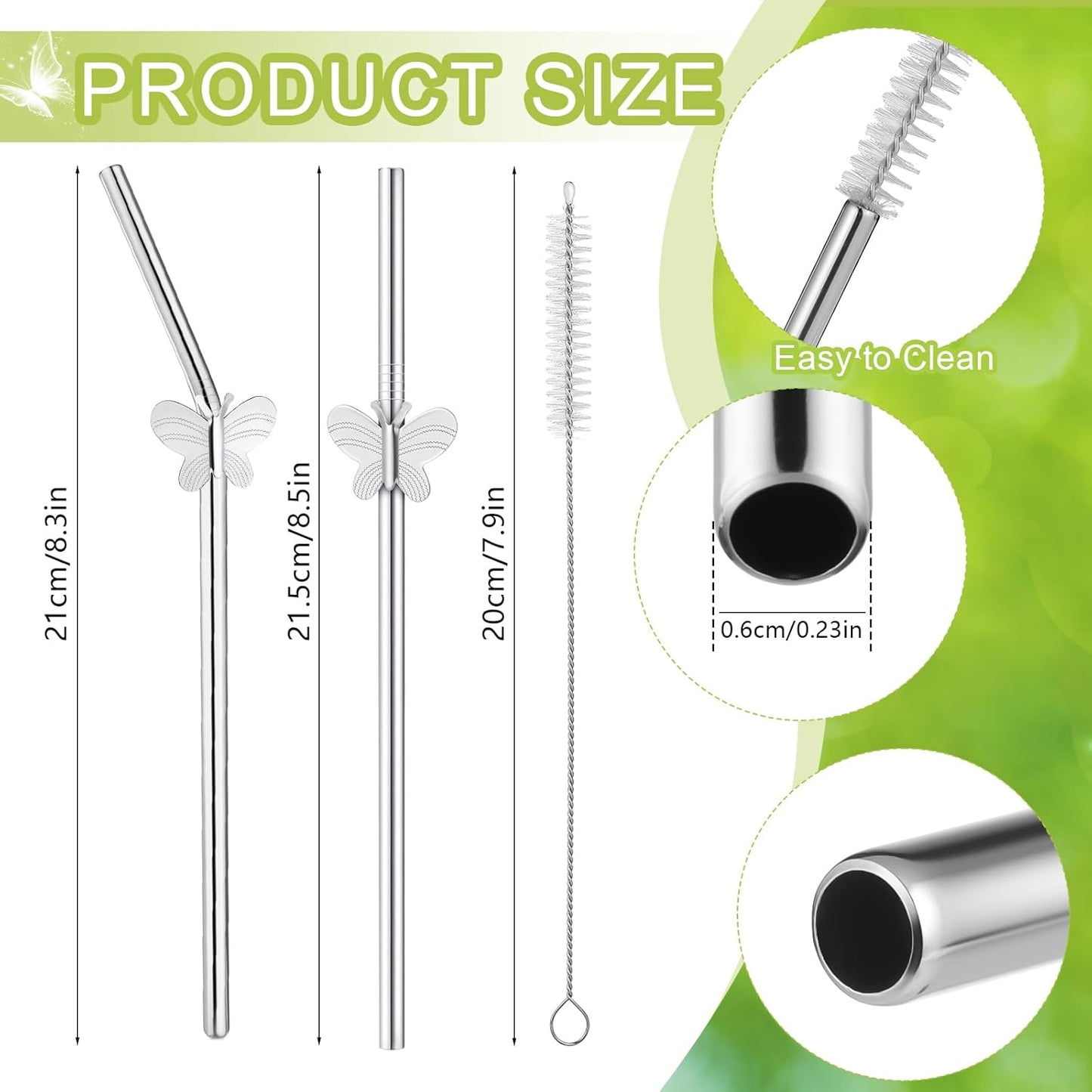 8 Pack 8" Reusable Stainless Steel Metal Straws, 4 Straight + 4 Bent Metal Drinking Straws for Tumblers Beverage Drink with Butterfly Charms and 1 Cleaning Brush