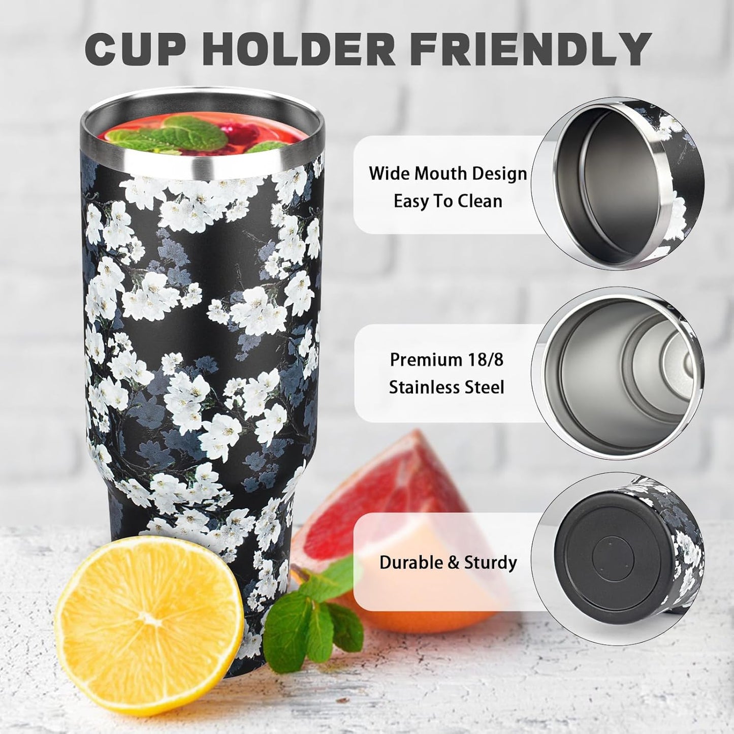 40 oz Tumbler with Lids and Straws, Stainless Steel Insulated Coffee Tumbler, Double Wall Vacuum Insulated Travel Mug Cup, Leakproof Thermal Coffee Cup for Hot and Cold Drinks (White Flower)