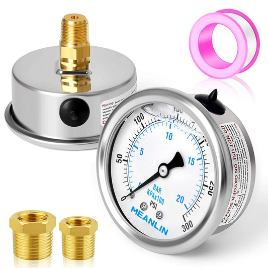 MEANLIN MEASURE 0~300Psi Stainless Steel 1/4" NPT 2.5" FACE DIAL Liquid Filled Pressure Gauge WOG Water Oil Air Center Back Mount, with 1/4" x 1/2" NPT and 1/4" x 3/8" NPT Hex Bushing