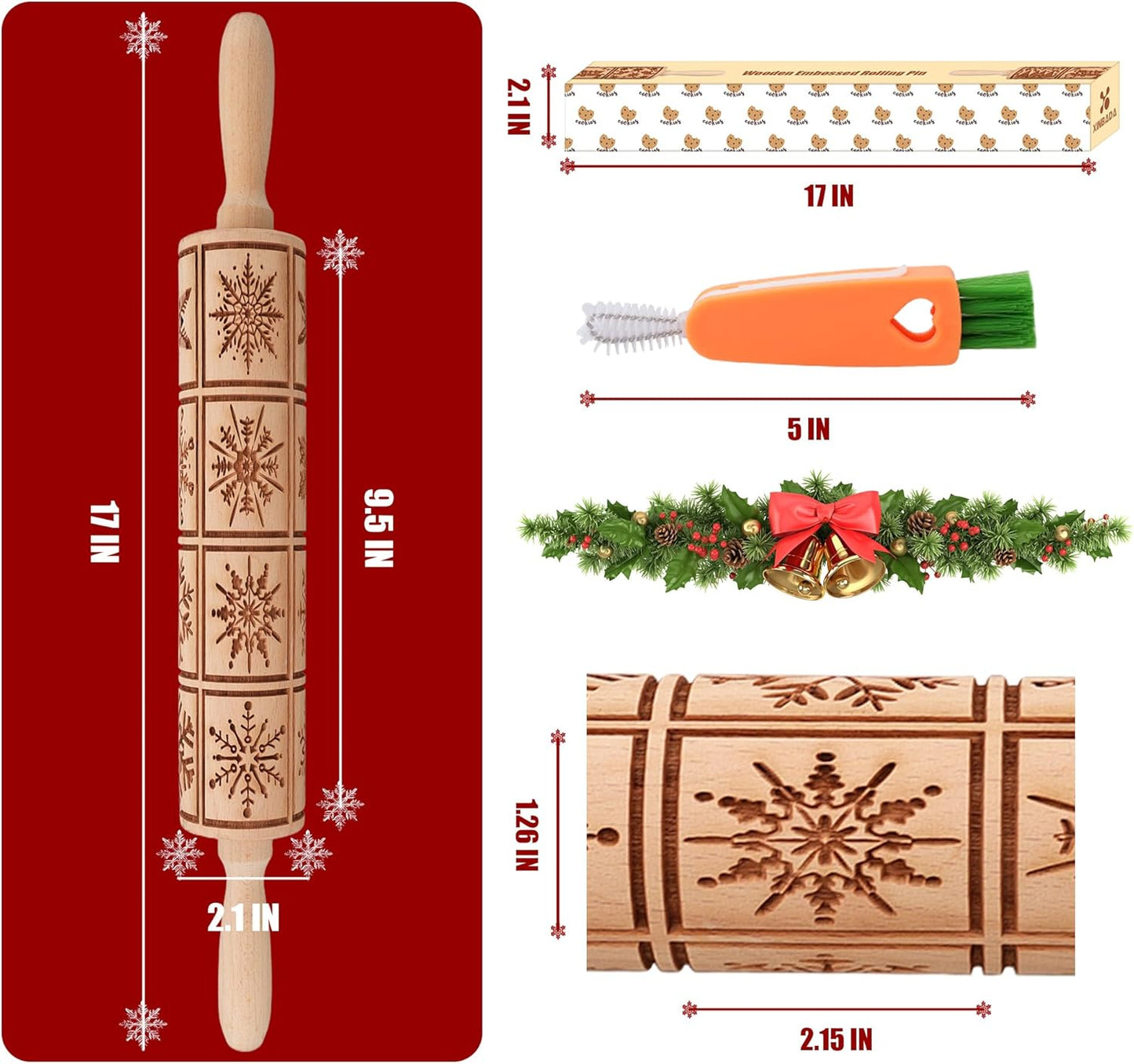 17" Premium Wood Rolling Pin with Snowflake Embossed Designs | 3mm Deep Springerle Cookie Molds | Christmas Rolling Pin & Baking Gifts for Women | Includes 3-in-1 Cleaning Brush