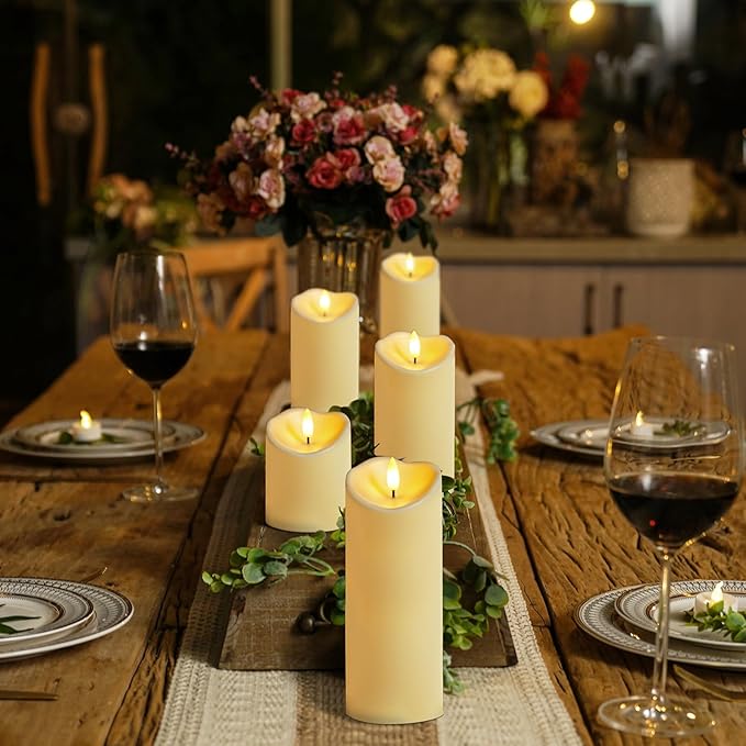 Homemory Outdoor Waterproof Flameless Candles, LED Candles, Battery Operated Candles with Remote and Timers, Electric Fake Plastic Pillar Candles, Dark Ivory, D3 H4 5" 6" 8" 8", Set of 5