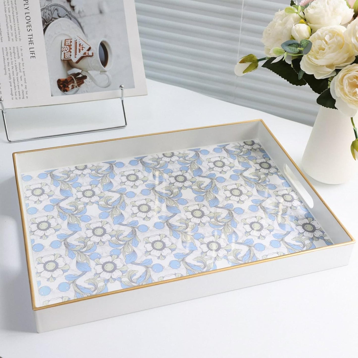 Rectangle Serving Tray with Handles, Coffee Table Tray for Ottoman, Organizer Vanity Tray for Living Room, Outdoor Tray for Patio Entertaining, Serving reakfast Kitchen Platter LEE3040BLH