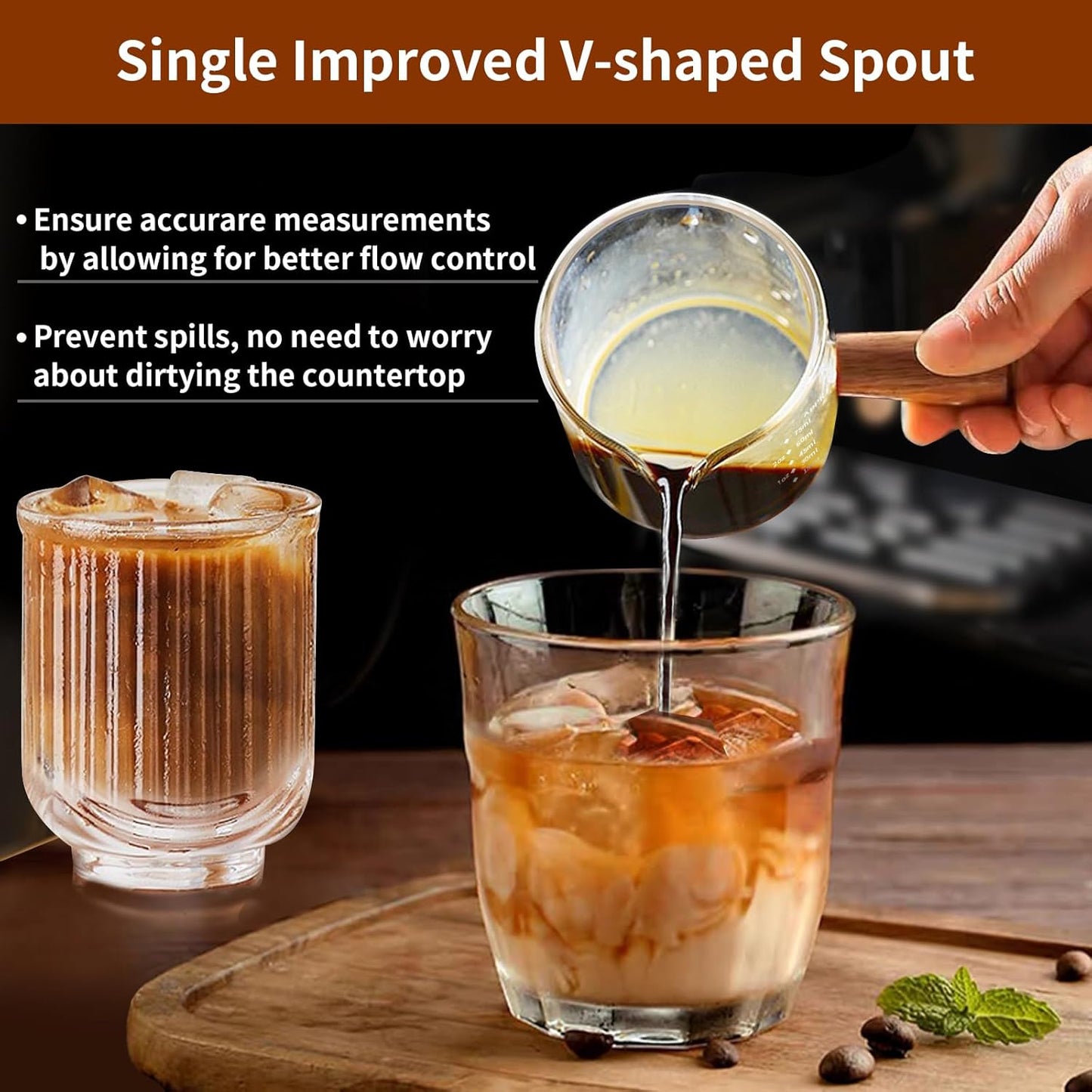 YARRAMATE 3.4oz Espresso Shots Cup with Wood Handle, Clear Glass Espresso Measuring Cup with Dual Scale, Shot Glass with Single Spout