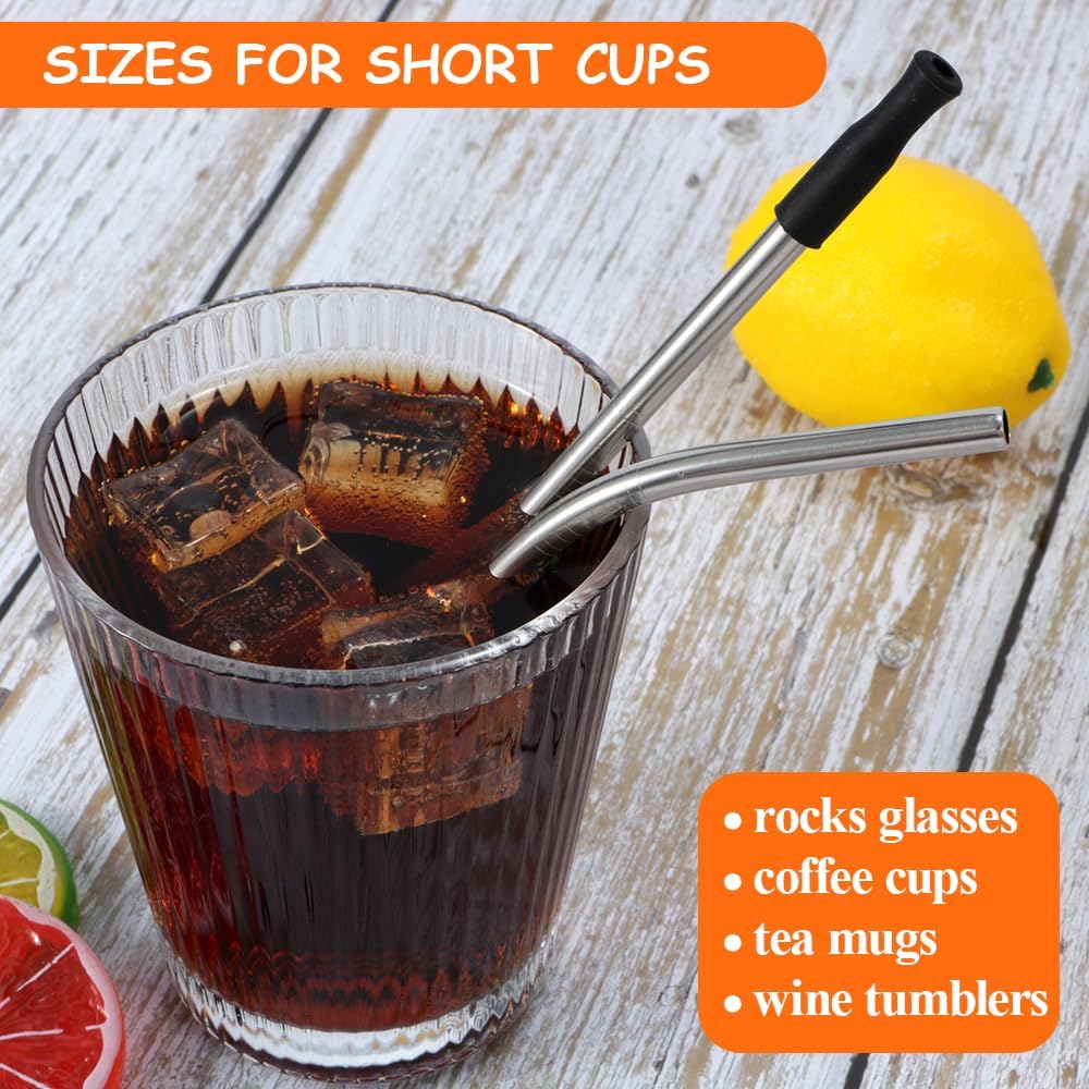Lazycorner 16 Pcs Short Metal Straw, 6mm 5.5" 6.5" Kids Reusable Straw Silicone Tips Cleaner, Mini Small Stainless Steel Straws Fit 8 10 12 oz Tumbler/Wine Tumblers, Reusable Cocktail Straws(Silver)