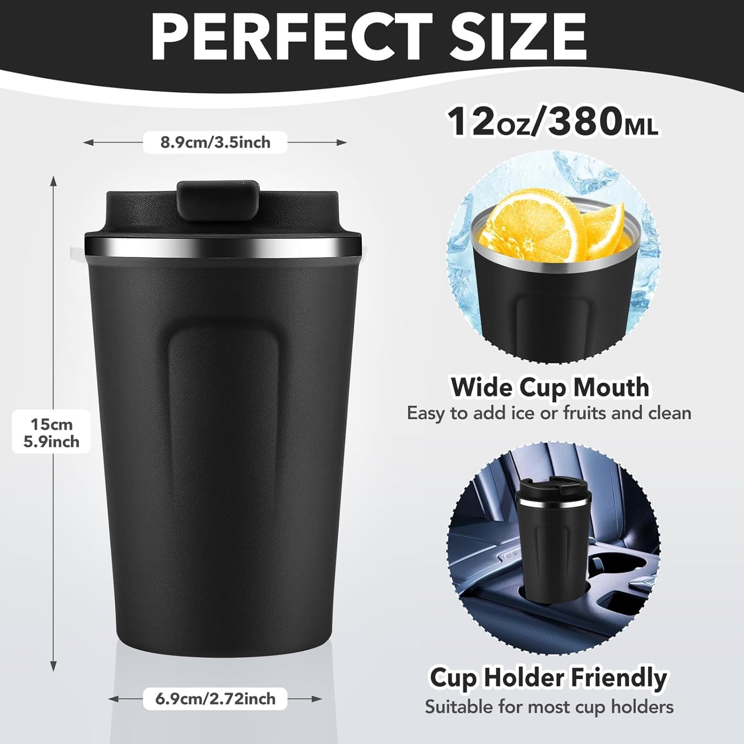 Volhoply 12 oz Double Wall Insulated Vacuum Travel Coffee Mug with Flip Lid,Reusable Stainless Steel Leak Proof Coffee Cup,Portable Iced Cafe Thermal Tumbler Suitable for Hot&Cold Drinks(Black,1 Set)