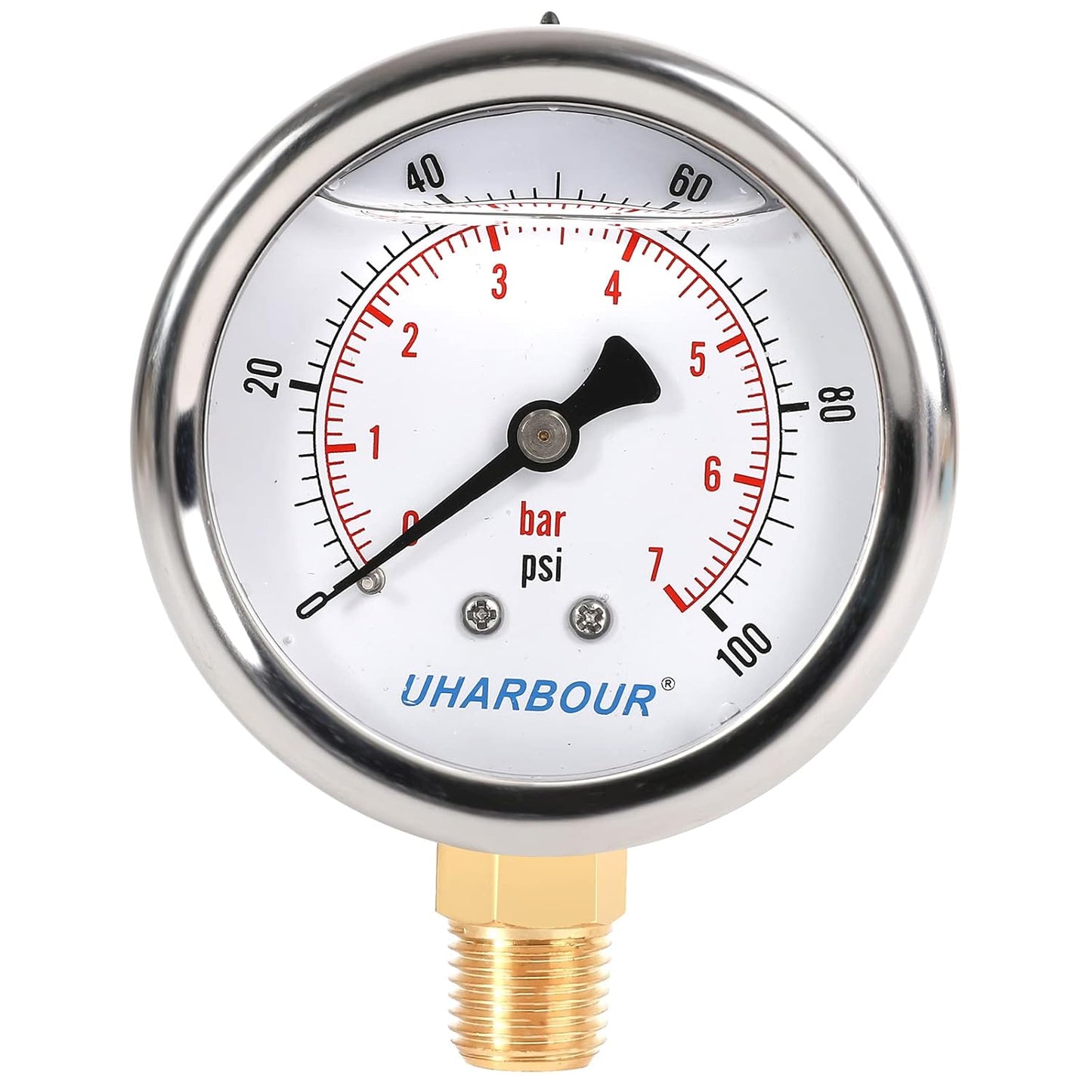 Glycerin Filled Pressure Gauge 100psi/7bar, Stainless Steel case, Brass Inside Construction, 2-1/2" dial, 1/4" NPT Rear Connection.