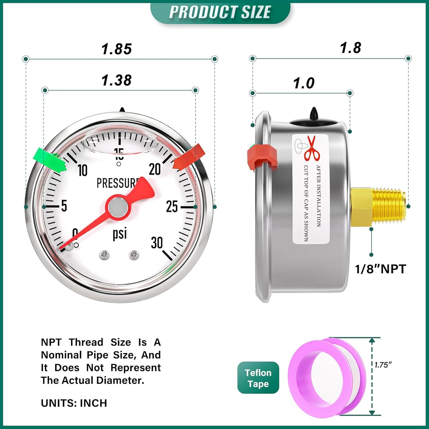 0-30psi Stainless Steel Glycerin Liquid Filled Pressure Gauge 1/8" NPT 1.5" Face Dial, Center Back Mount, for Water, Oil and Air Pressure Testing (with Range Mark Pointer)