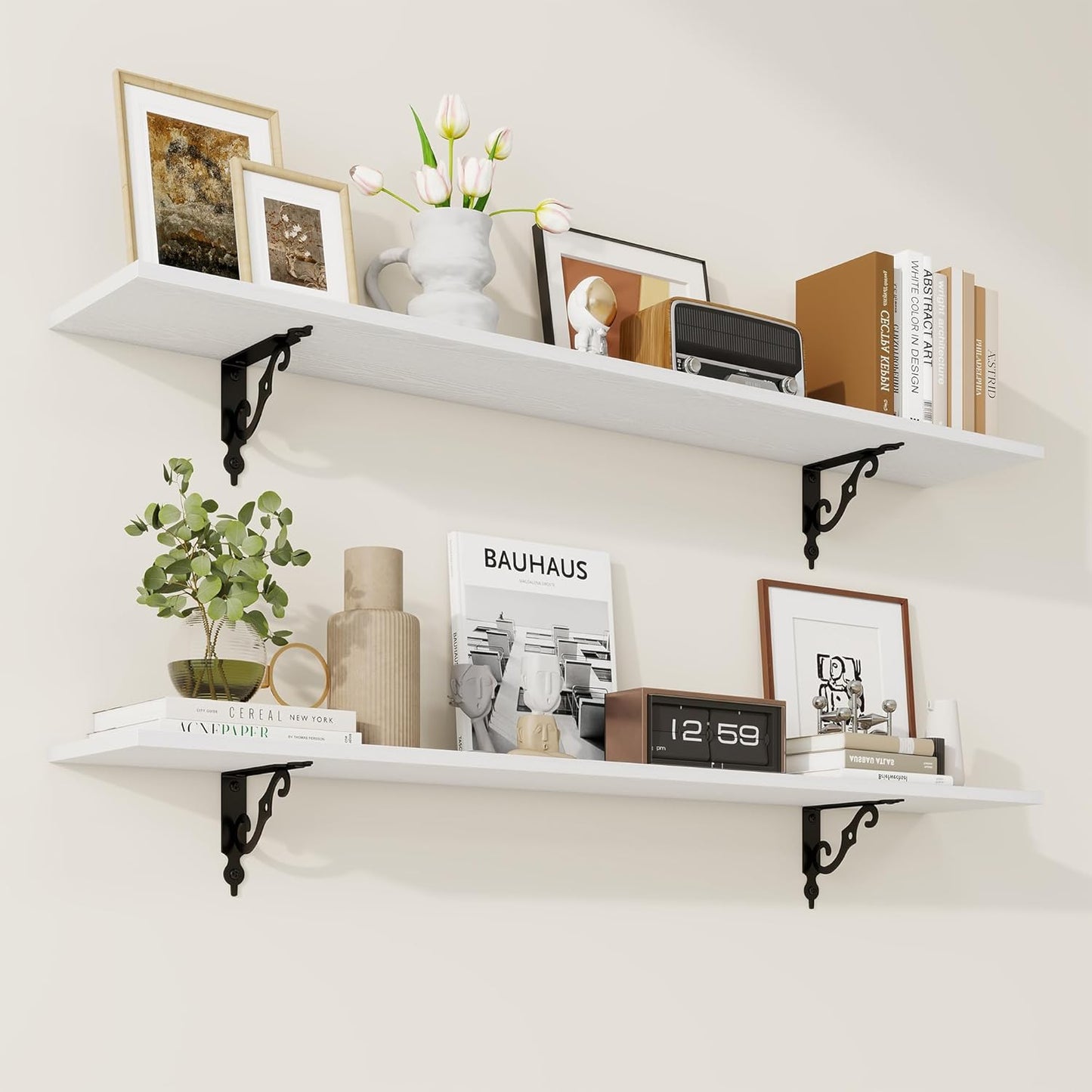 RICHFOCUS Floating Shelves for Wall Decor, 47.3W x 8D Wall Shelves Set of 2, 8 Inch Deep Rustic Wood Shelves Wall Mounted with Brackets, Long Floating Shelves for Living Room Bedroom Kitchen, White