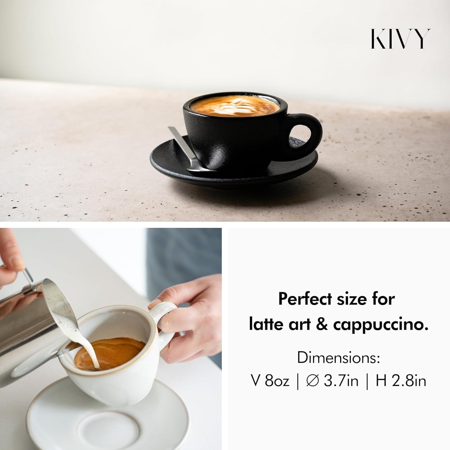 KIVY Cappuccino cups set of 4 [8oz] - Thick-walled stoneware cappuccino cup set for latte art - Latte mugs - Latte cups - Latte mug - Coffee cup black - Ceramic latte cup and saucer