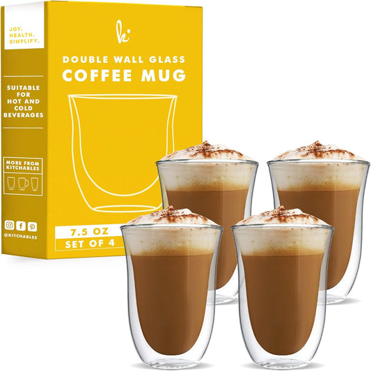 Kitchables Double Walled Glass Coffee Mugs Set of 4, 7.5oz - Insulated Clear Coffee Mug for Cappuccino, Latte, Tea, Espresso - Latte cup - Tazas Para Cafe