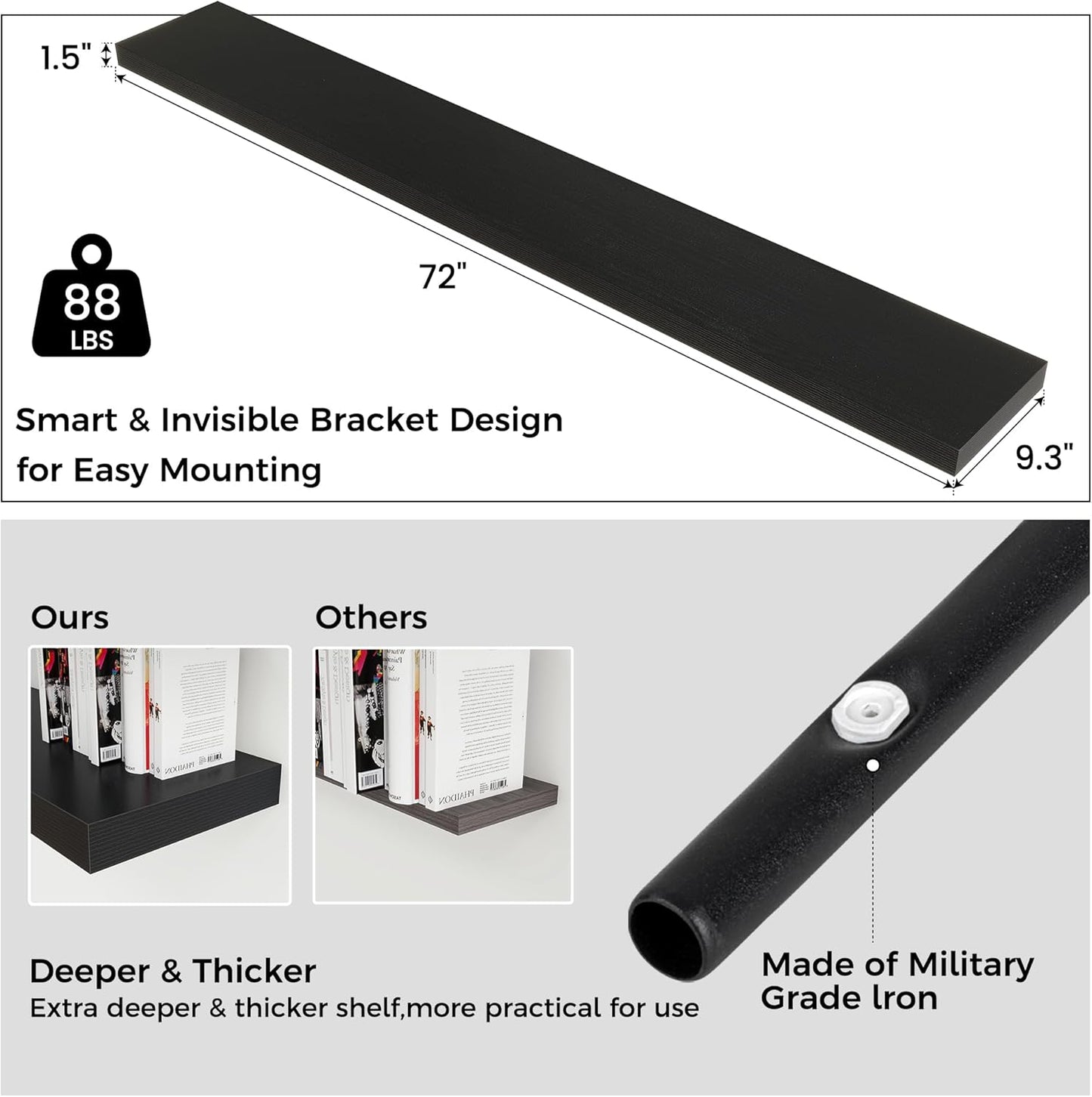 Floating Shelves for Wall, Large Wall Mounted Shelves with Invisible Brackets, Long Wood Floating Shelf for Living Room, Bedroom, Kitchen, (Black, 72" W x 9" D x 1.5" H)
