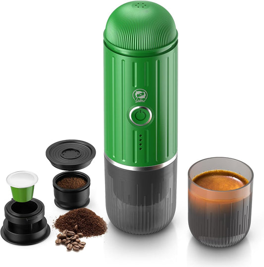 Rich Crema Portable Electric Espresso Coffee Maker, Fast self-heating 2 IN 1 Extraction System Espresso Machine, Support Ground Coffee and NS capsule, for Travel,Car,Hiking,Climbing（Green）
