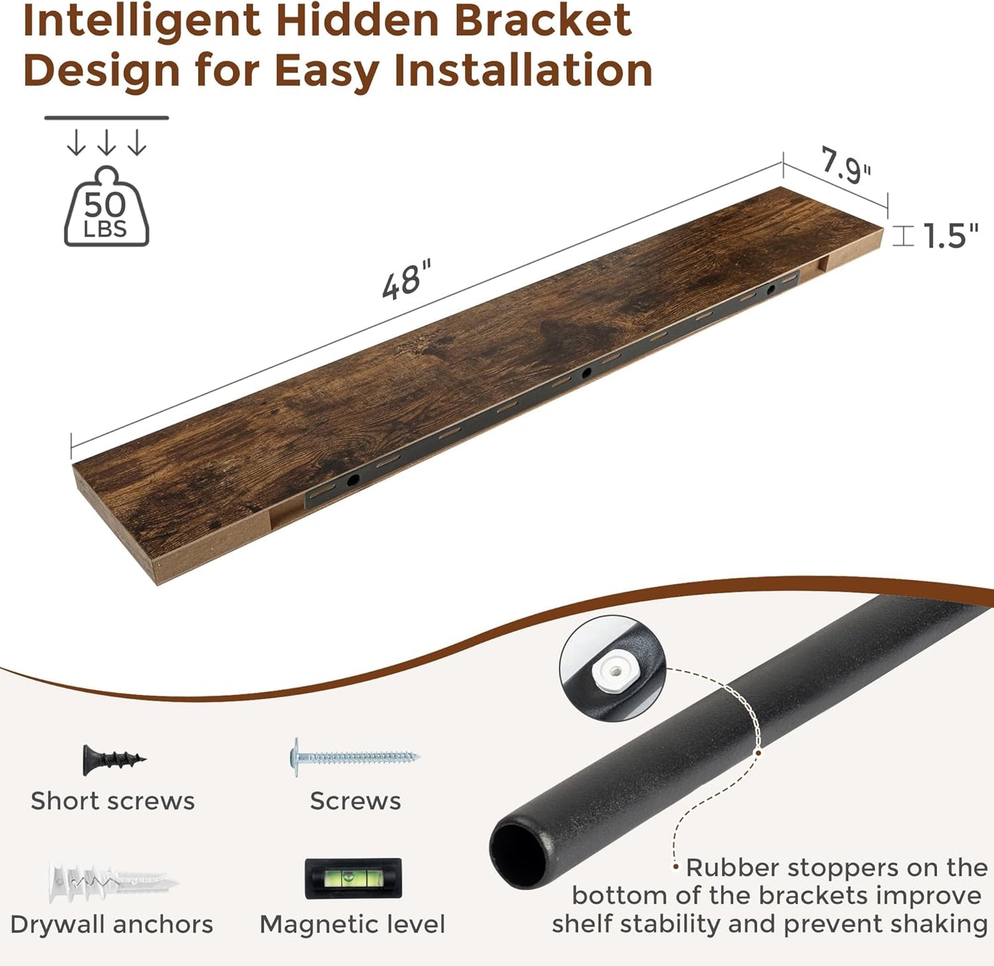 Heimlove 48 Inch Floating Shelves for Wall 8 Inch Deep Rustic Brown Shelves Set of 2,Wall Mounted Rustic Wood Long Floating Shelf，Large Display & Storage Shelf with Invisible Brackets