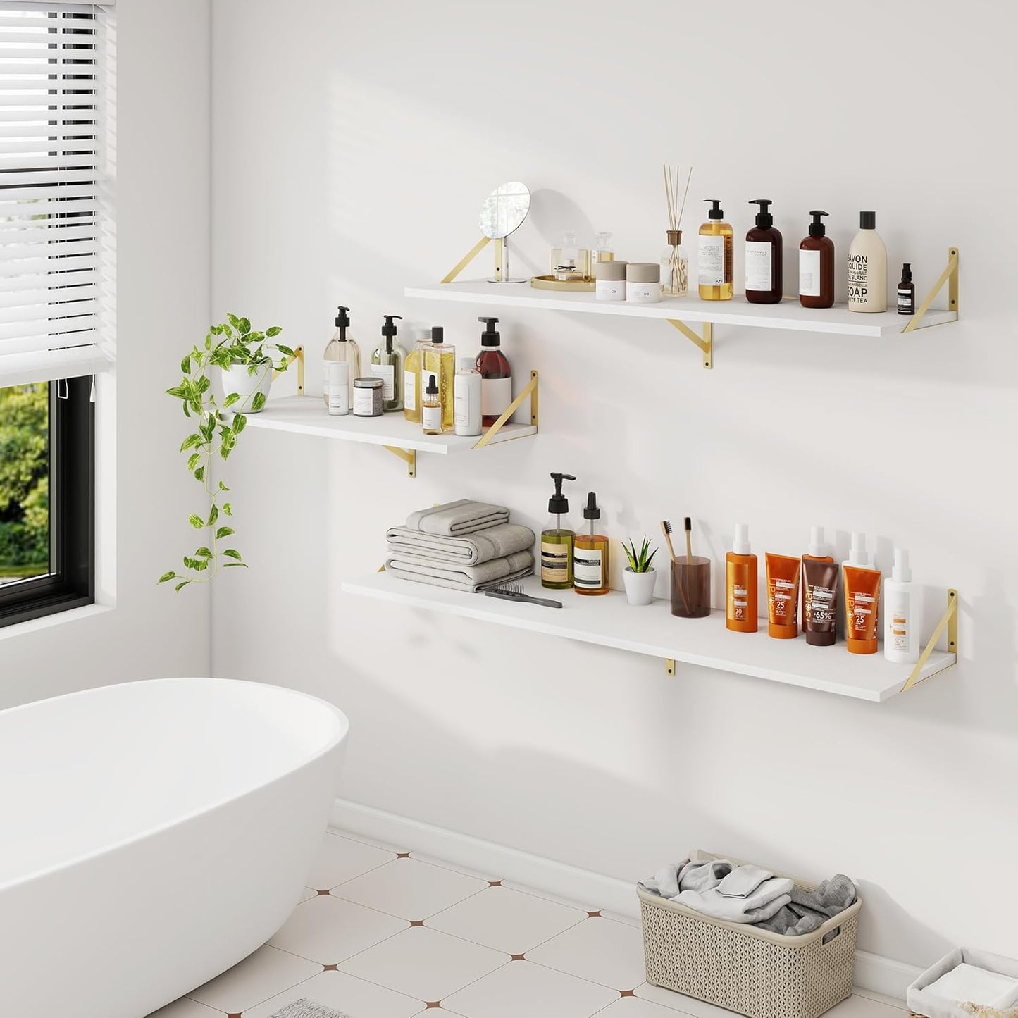 Floating Shelves for Wall, 12 Inch Deep Floating Shelves Set of 2, 48W x 12D Large Wall Shelf with Sturdy Metal Brackets for Living Room, Bathroom, Bedroom and Kitchen, White with Gold Bracket