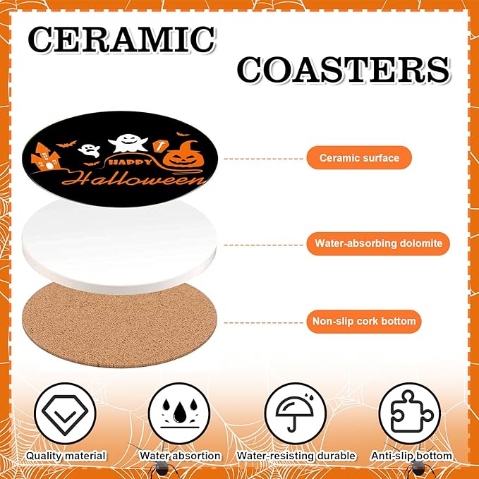 4Pcs Halloween Coasters Orange Black Round Ceramic Coaster Trick or Treat Heat-Resistant Cup Mats for Wooden Table Protection Home Party Supplies