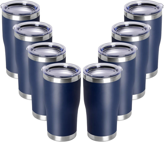 DOMICARE 20oz Tumbler with Lid Stainless Steel Tumblers Bulk, Double Wall Vacuum Insulated Coffee Travel Mug Powder Coated Tumbler, 8 Pack Navy