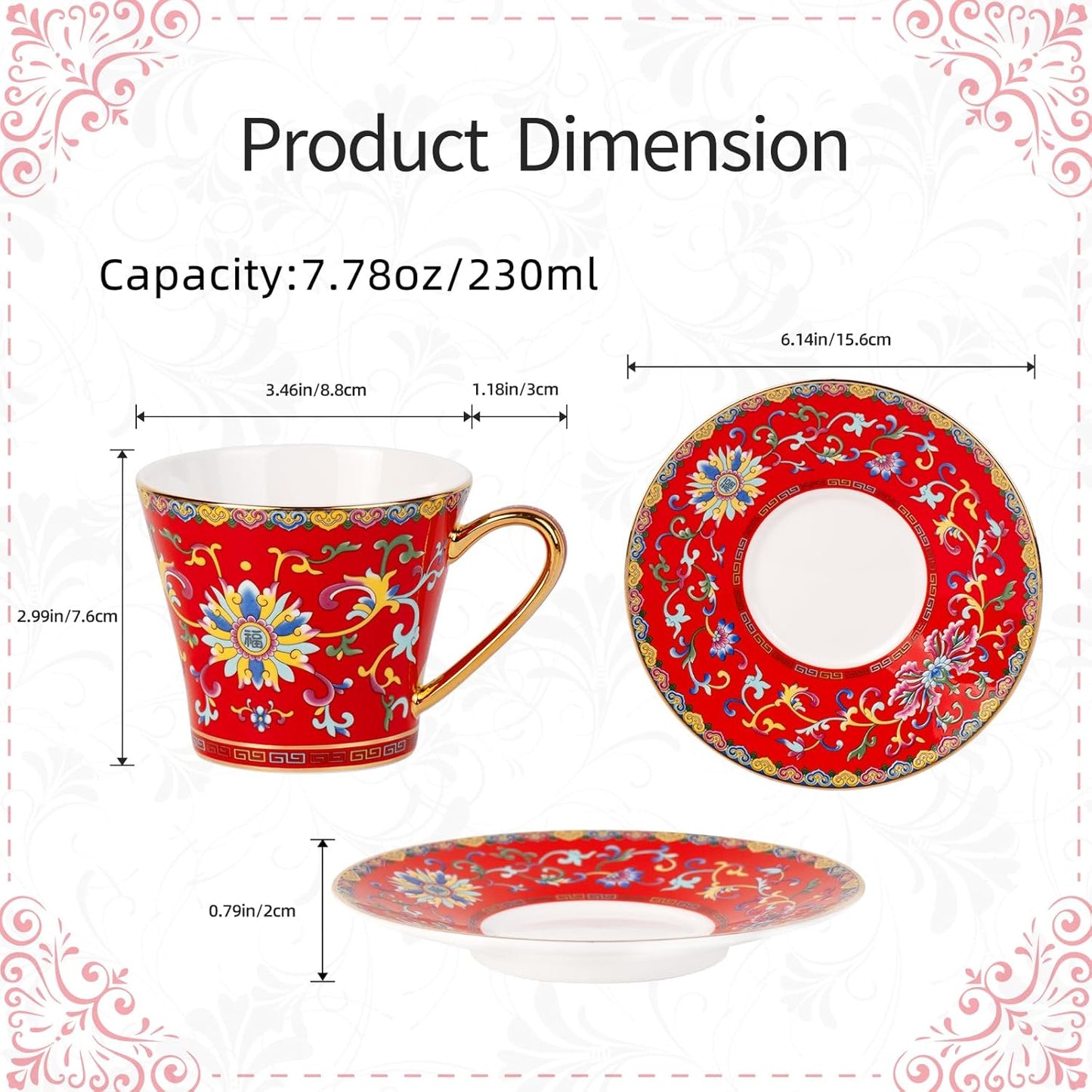 KAMMAK Tea Cups and Saucers Set of 2, Porcelain Coffee Cup with Saucer for Espresso, Cappuccino, 8oz Vintage Red and Blue Ceramic Demitasse Mug for Home, Tea Party, Office
