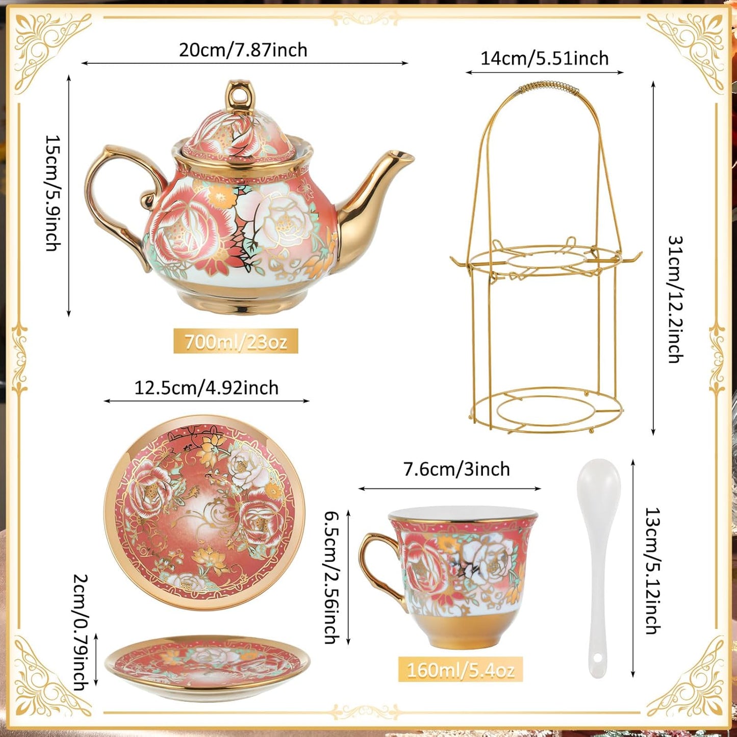 Zhehao 20 Pcs Porcelain Tea Set with Metal Holder and Spoon Adult Ceramic Tea Party Set European Flower Painting Teapot Cup Saucer Spoon Set for Women, Large Version(Noble Style)