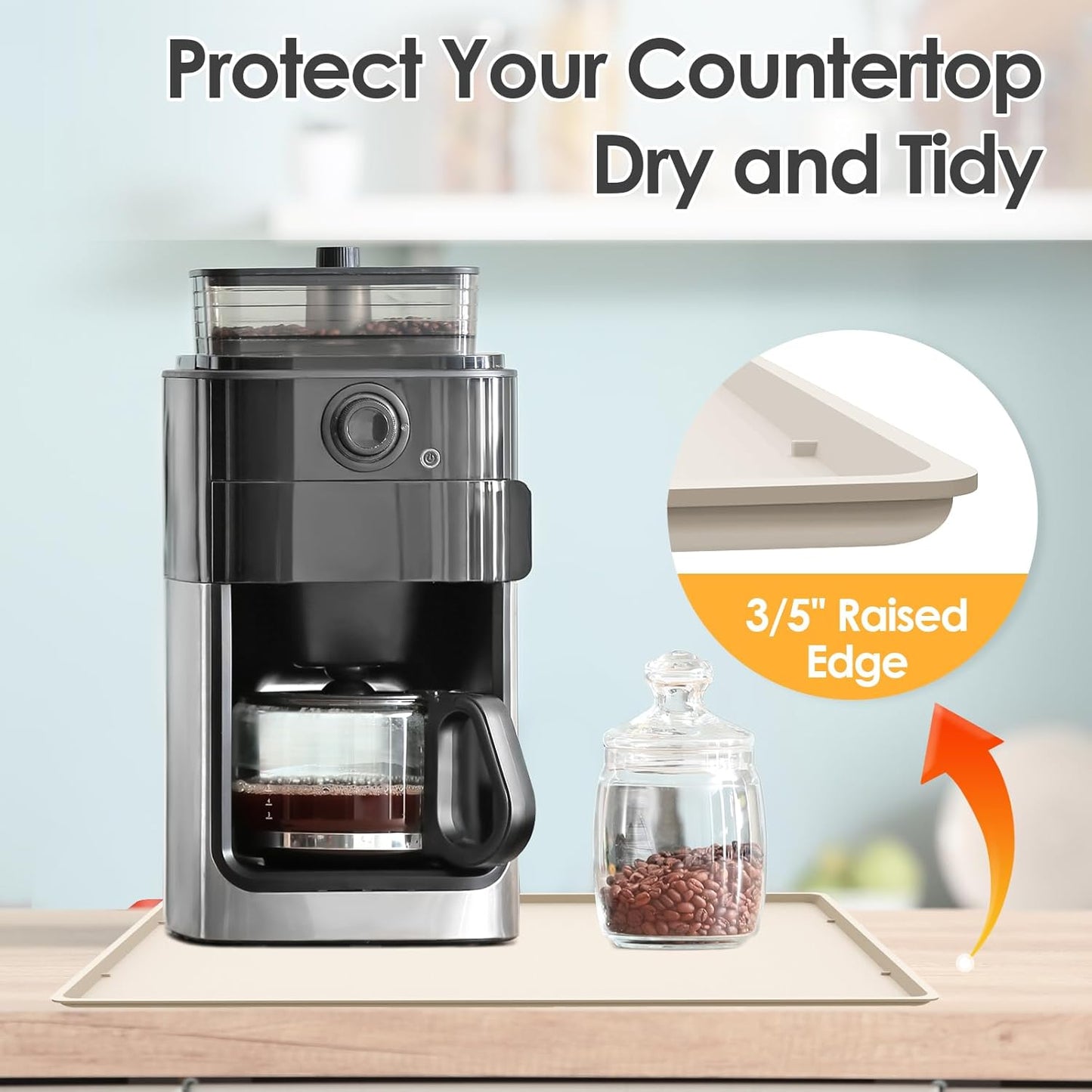 Silicone Coffee Maker Mat with Lip, 19.7'' x 15'' Heavy Duty Coffee Maker Mat for Countertops, Coffee Tray Fit Under Coffee Machine Appliance Automatic Machines Espresso Accessory, Cream White