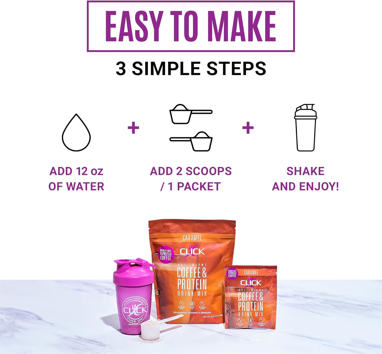 Click Coffee Protein Powder | Double Shot Espresso | 16g Protein | 23 Essential Vitamins | Low Calorie Meal Replacement | 150mg Caffeine | Gluten Free | No Artificial Flavors or Colors | Caramel