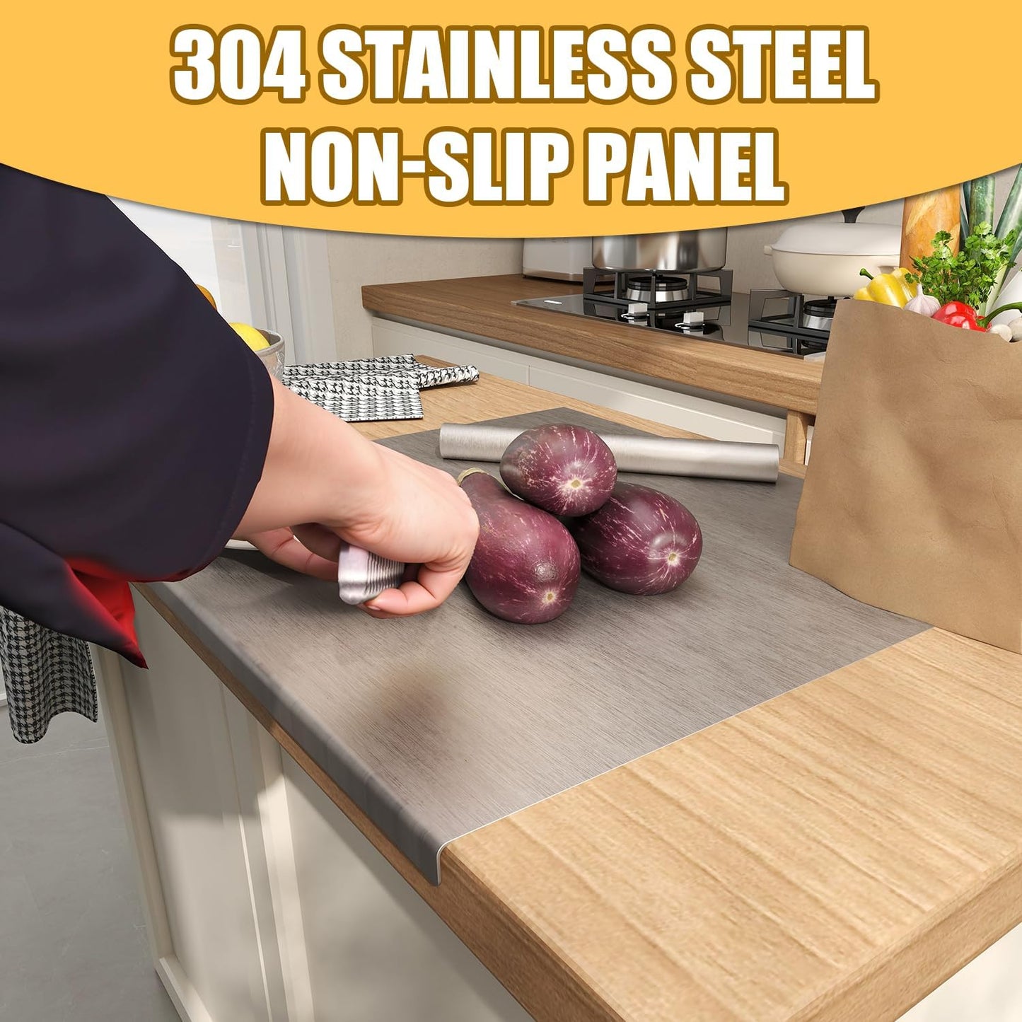 Nisorpa 304 Stainless Steel Cutting Board with Lip, Large Chopping Board for Kitchen with Rolling Pin, Cutting Boards for Chopping Meat, Vegetables, Fruits, Cheese, Bread, 35.4"Lx19.7"W