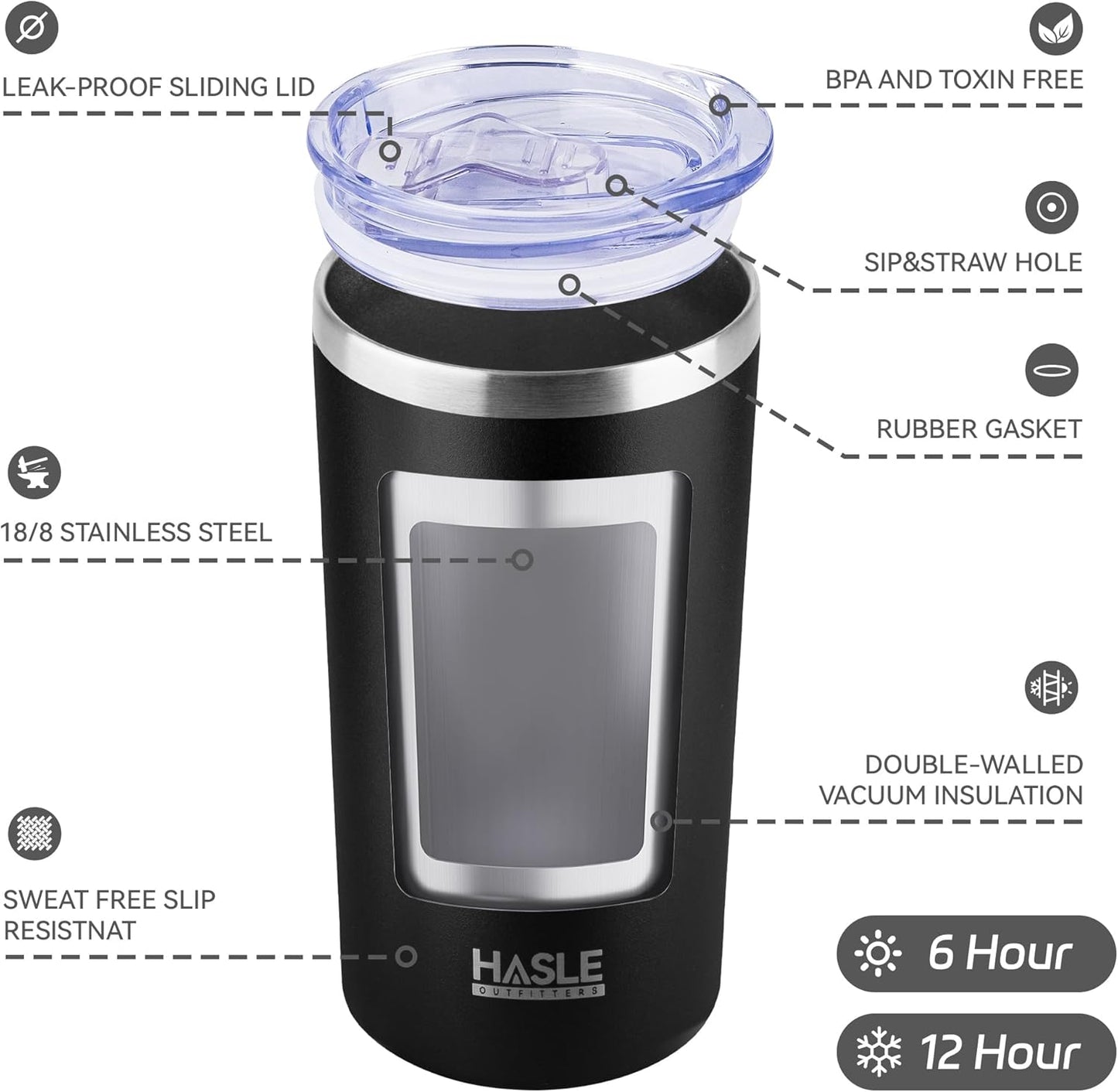 HASLE OUTFITTERS 12 oz Skinny Tumbler, Stainless Steel Insulated Slim Tumbler set bulk with Lid, Reusable Double Wall Travel Coffee Mug, Durable Powder Coated Travel Water Cup(Black,6)