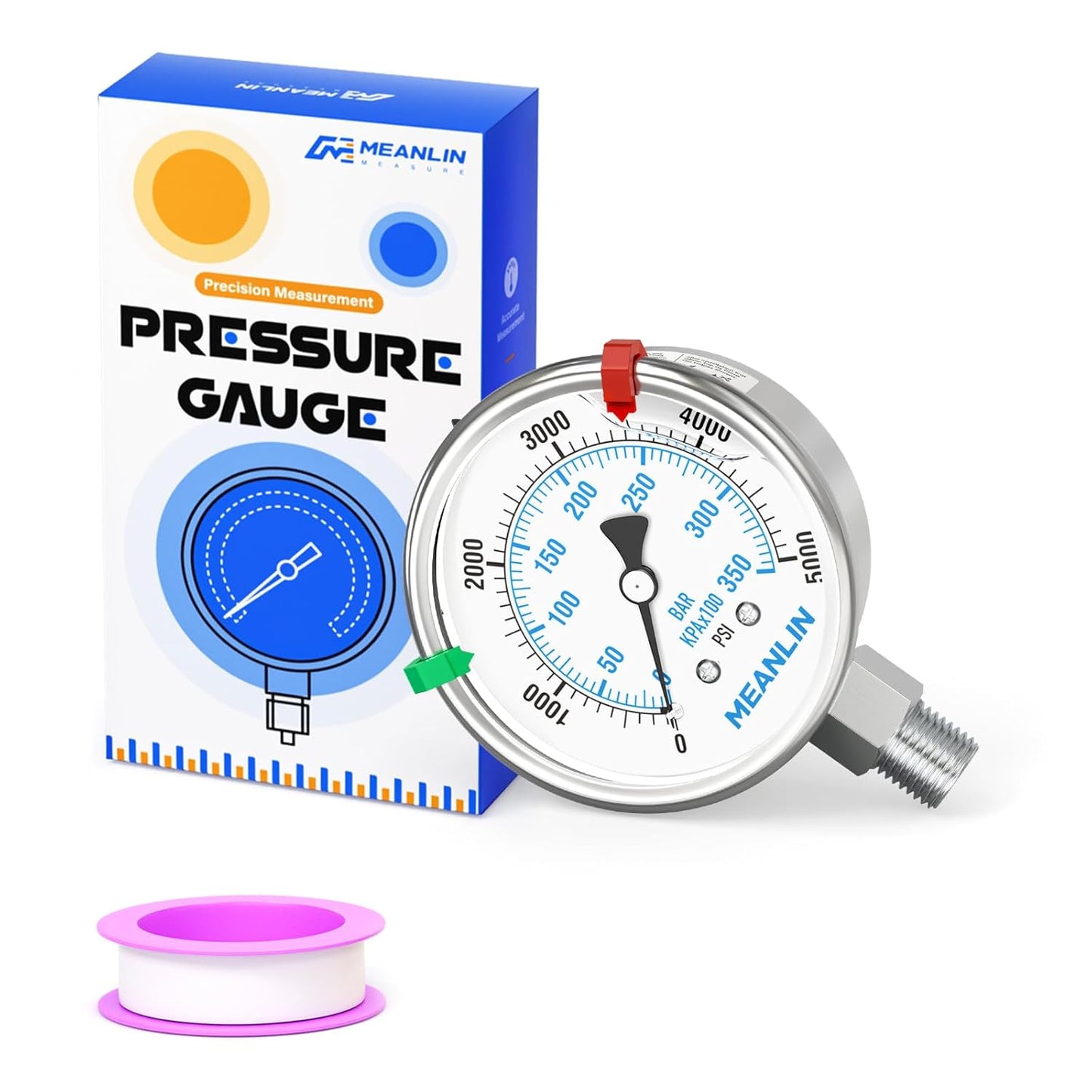 MEANLIN MEASURE 0~5000Psi Liquid Filled Pressure Gauge Stainless Steel 2.5" FACE DIAL 1/4" NPT 316 Stainless Steel Joint for WOG Water Oil Air Lower Mount, with 2PCS Snaps