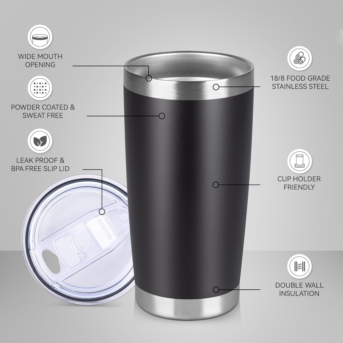 20 oz Tumbler Stainless Steel Tumblers Bulk with Lid Double Wall Insulated Coffee Tumbler Cups for Hot & Cold Drinks Powder Coated Travel Coffee Tumbler Mug Metal (Black, 1 pack)
