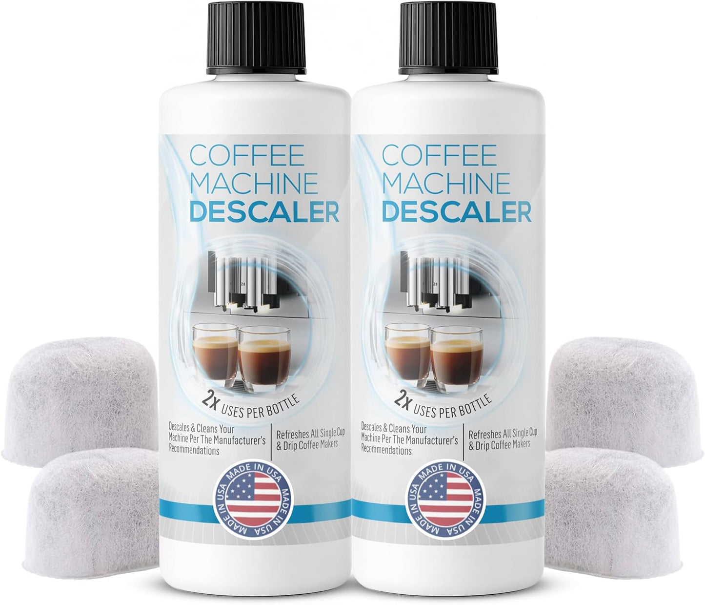Keurig Compatible Descaling Solution - Descaler Cleaner Concentrate Kit For All 1.0 & 2.0 K-Cup Pod Machines and Espresso Machines - (2 Bottles, 4 Uses Plus 4 Filters)