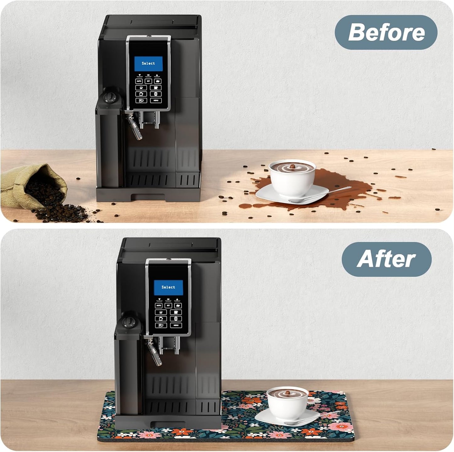 Rnivvi Coffee Mat, 12" x 19" Cute Coffee Bar Mats for Espresso Machine Station Accessories and Organizer, Hide Stain Rubber Backed Absorbent Dish Drying Pad for Kitchen Counter, Floral Cartoon