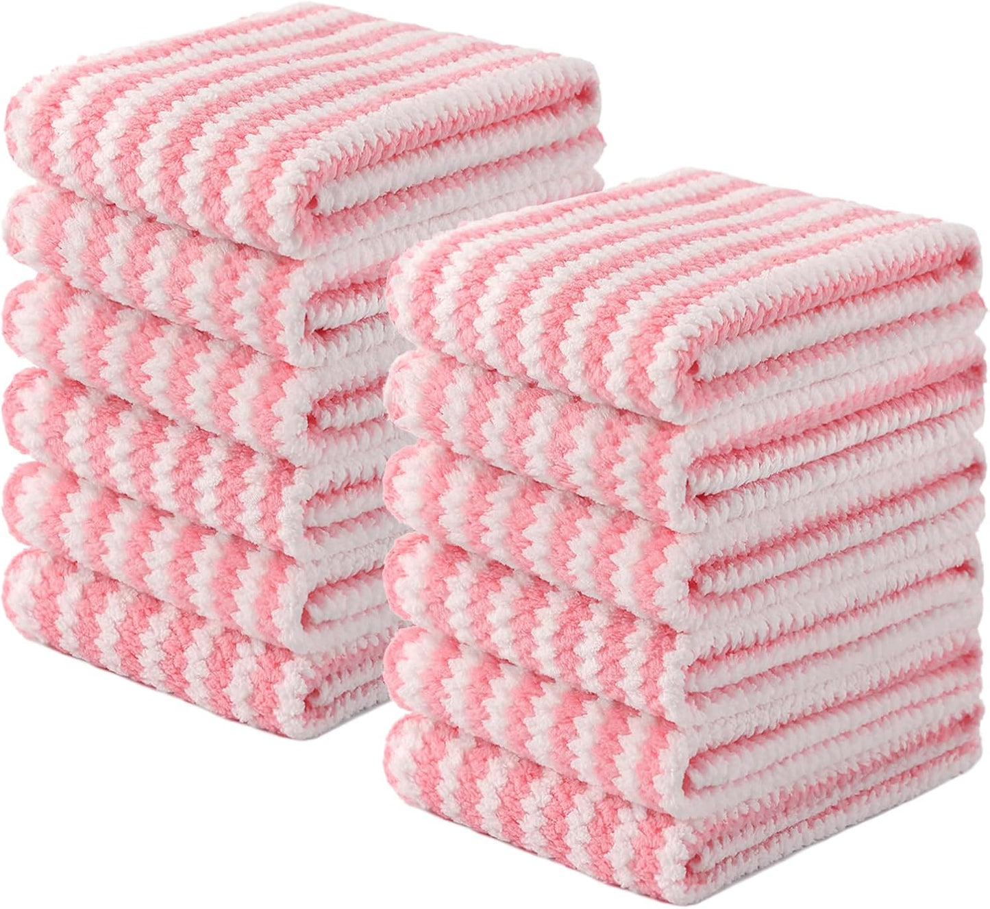 Homaxy Kitchen Towels(12 Pack, 10 x 20 inches), Ultra Soft and Absorbent Dish Towels, Reusable Fast Drying Microfiber Cleaning Cloth, Coral Velvet Wave Design No-lint, Pink